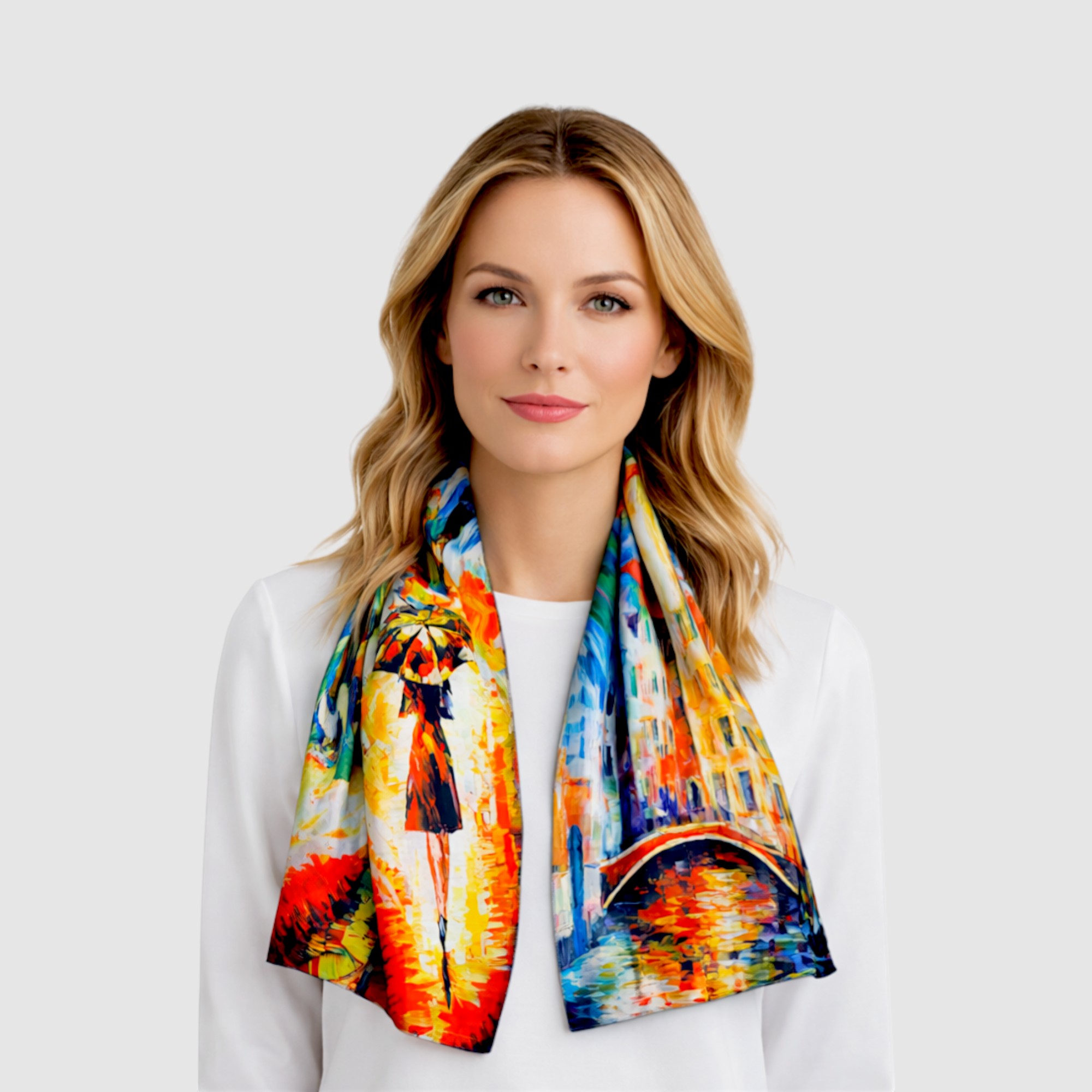 Eșarfă din Mătase 100% Chromatic Stories – Urban Reflections EMS20-7, Reversibilă (2 Fețe), Artă Urbană & Impresionism Modern, 180×70 cm, Cutie Cadou Premium