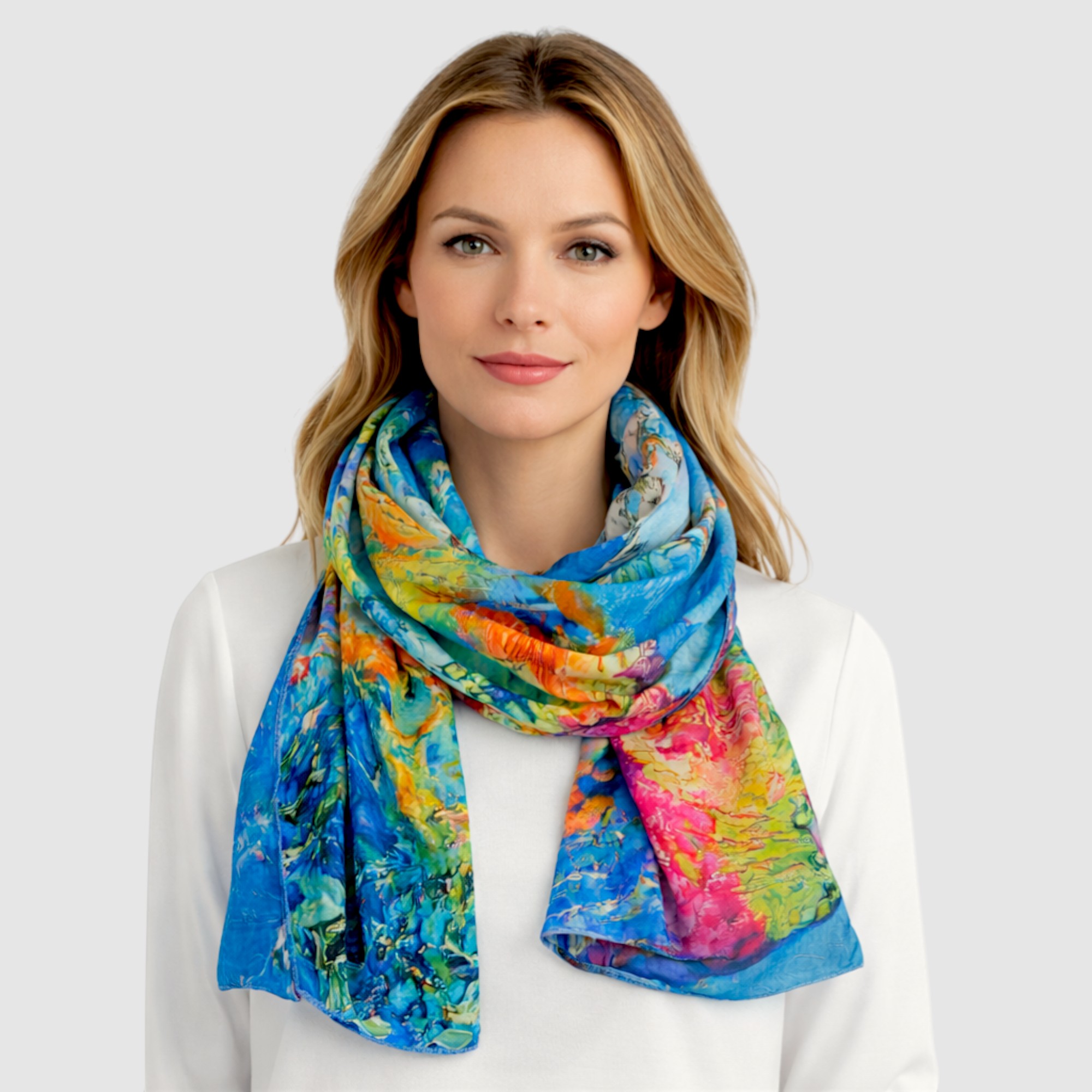 Eșarfă din Mătase 100% Chromatic Stories – Azure Impression EMS20-6, Reversibilă (2 Fețe), Inspirație Monet & Abstract Modern, 180×70 cm, Cutie Cadou Premium