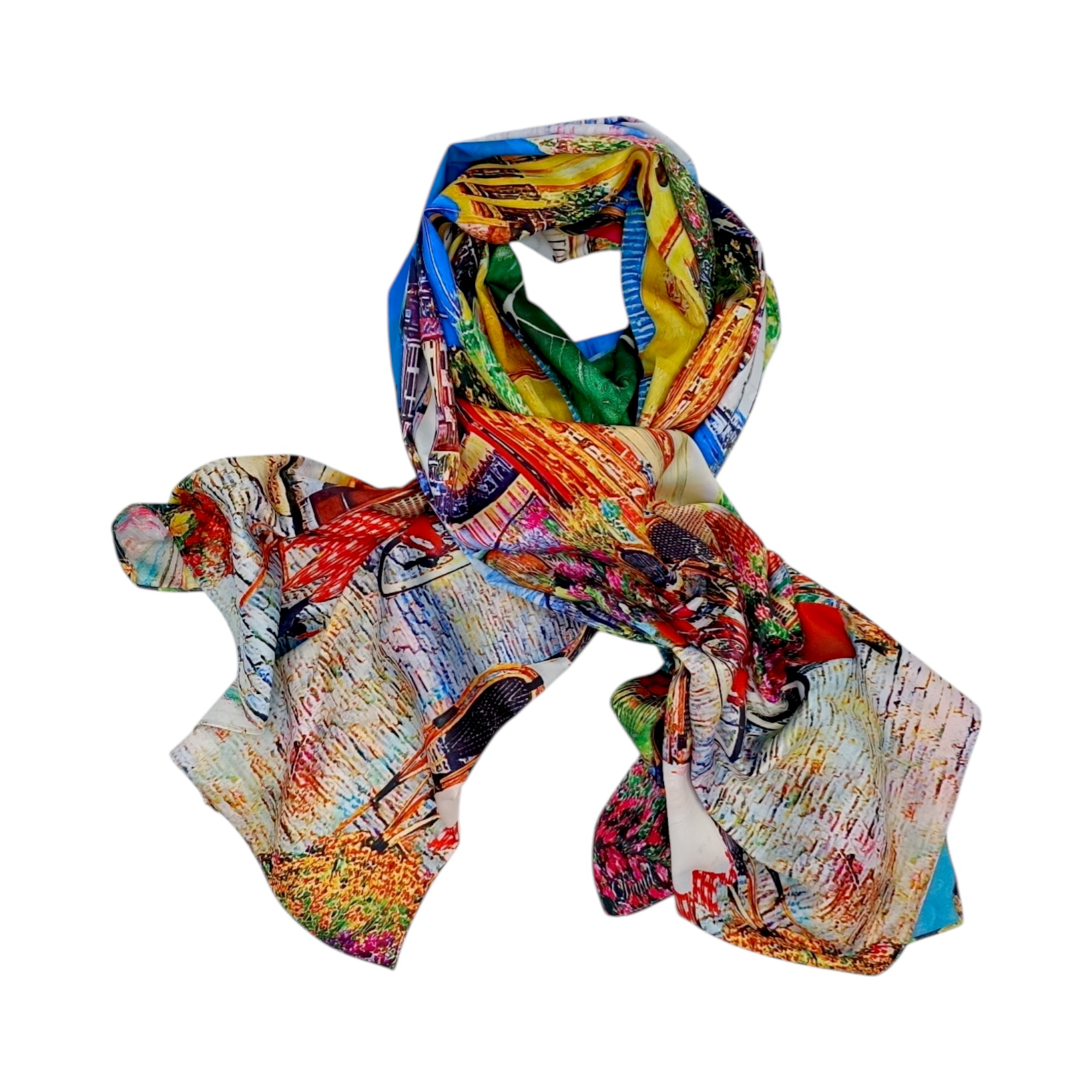 Eșarfă Artistică Impression Riviera Café 8108-8 – Reversibilă (2 Fețe), 50% Mătase & 50% Vîscoză, 180×68 cm, Cutie Cadou Inclusă