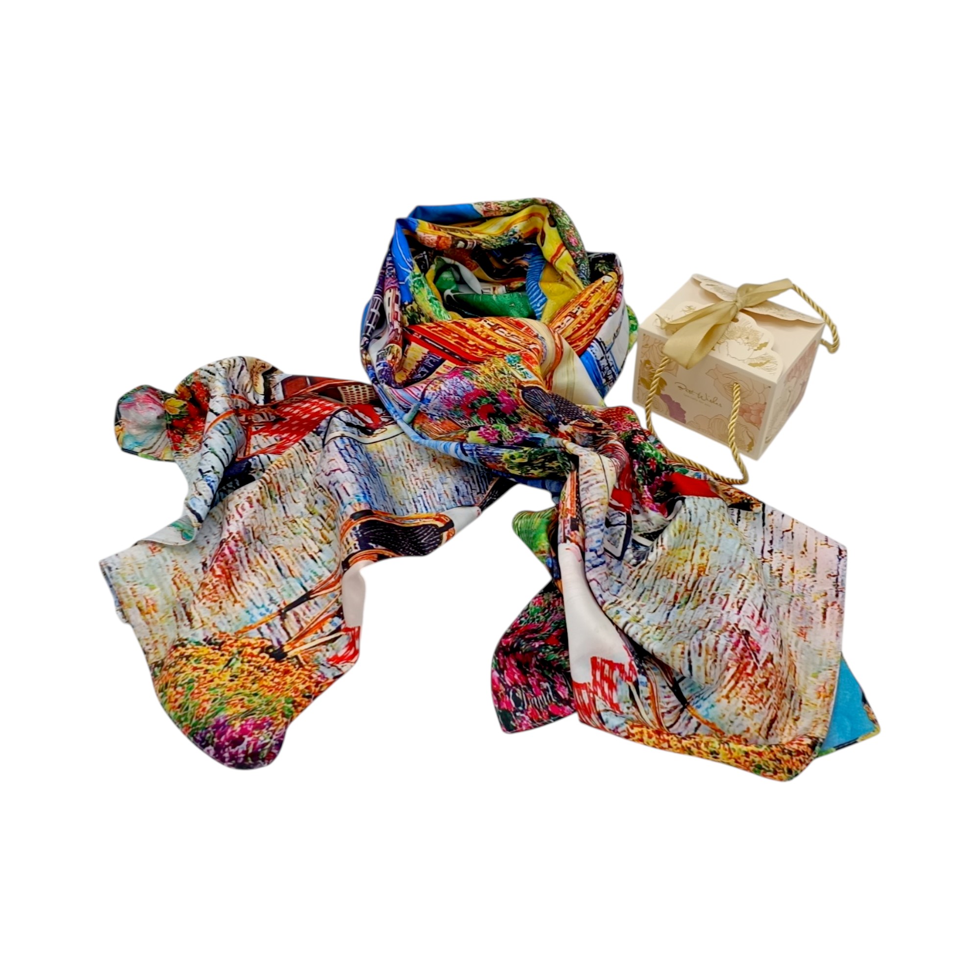 Eșarfă Artistică Impression Riviera Café 8108-8 – Reversibilă (2 Fețe), 50% Mătase & 50% Vîscoză, 180×68 cm, Cutie Cadou Inclusă