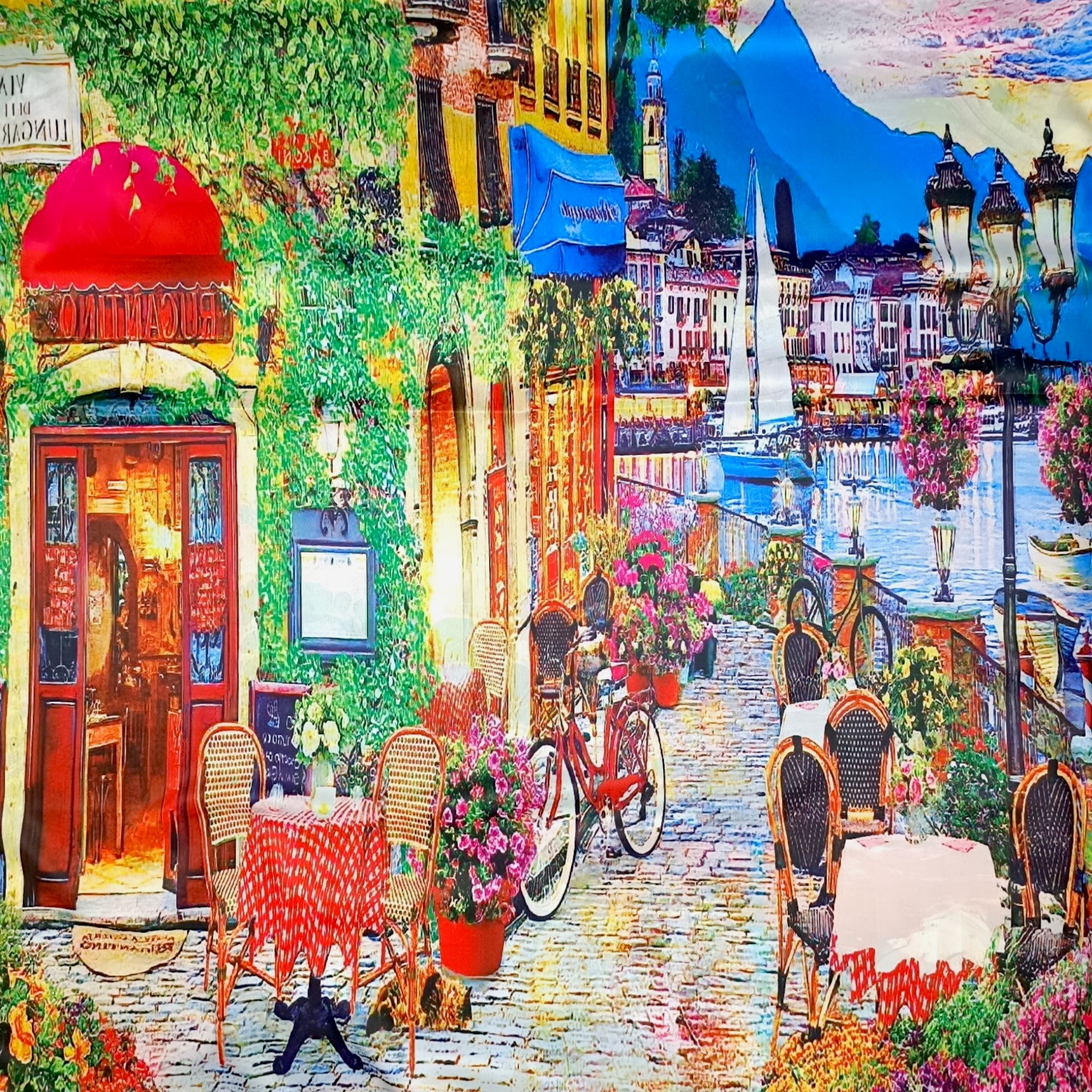 Eșarfă Artistică Impression Riviera Café 8108-8 – Reversibilă (2 Fețe), 50% Mătase & 50% Vîscoză, 180×68 cm, Cutie Cadou Inclusă