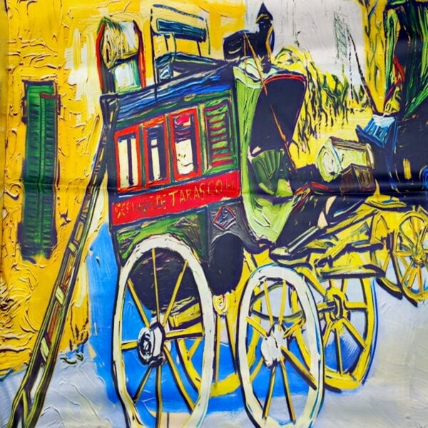 Eșarfă Artistică Impression Village & Carriage 8108-7 – Reversibilă (2 Fețe), 50% Mătase & 50% Vîscoză, 180×68 cm, Cutie Cadou Inclusă