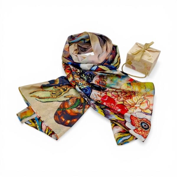 Eșarfă Artistică Ocean Bloom & Mandala Flowers 8108-12 – Reversibilă (2 Fețe), 50% Mătase & 50% Vîscoză, 180×68 cm, Cutie Cadou Inclusă