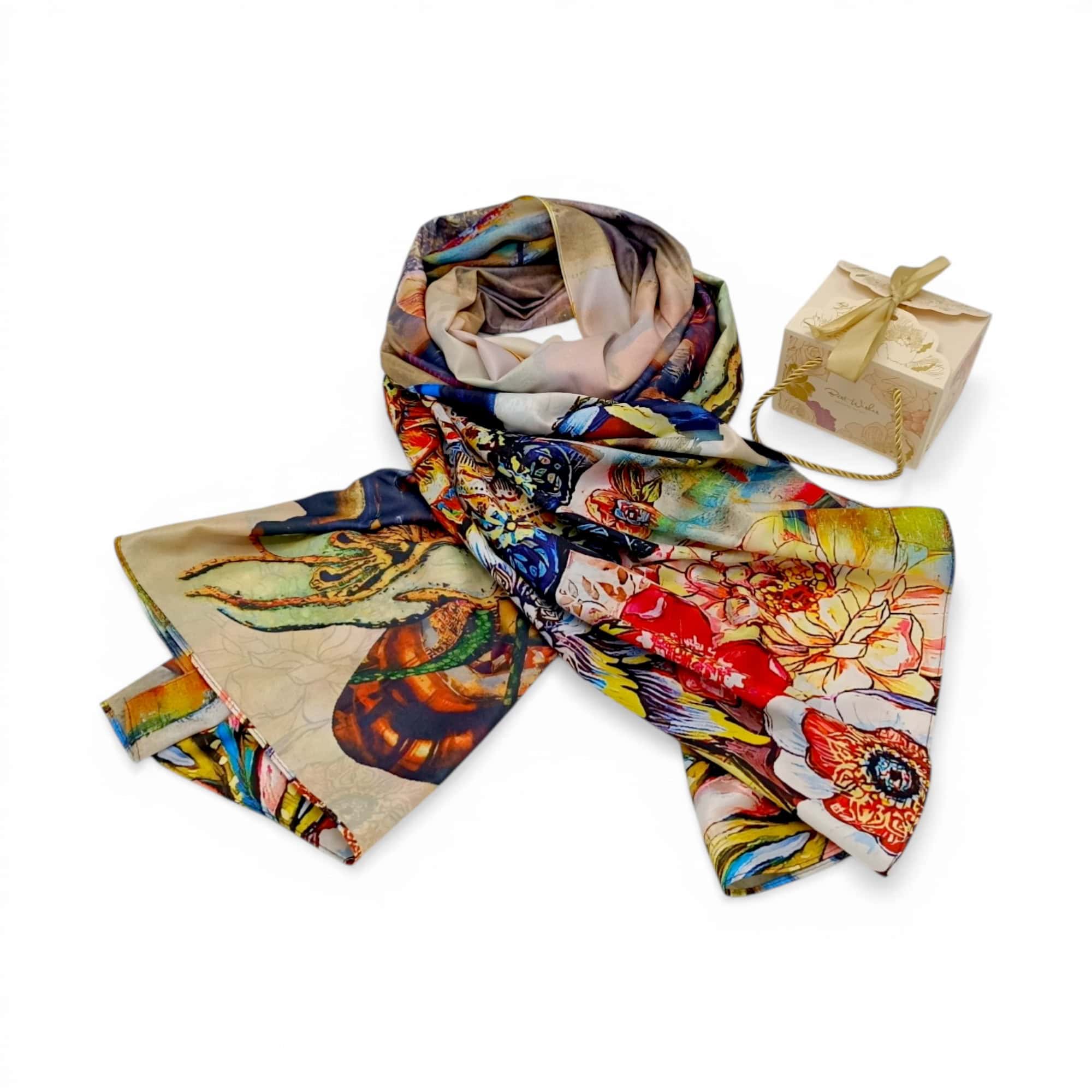 Eșarfă Artistică Ocean Bloom & Mandala Flowers 8108-12 – Reversibilă (2 Fețe), 50% Mătase & 50% Vîscoză, 180×68 cm, Cutie Cadou Inclusă