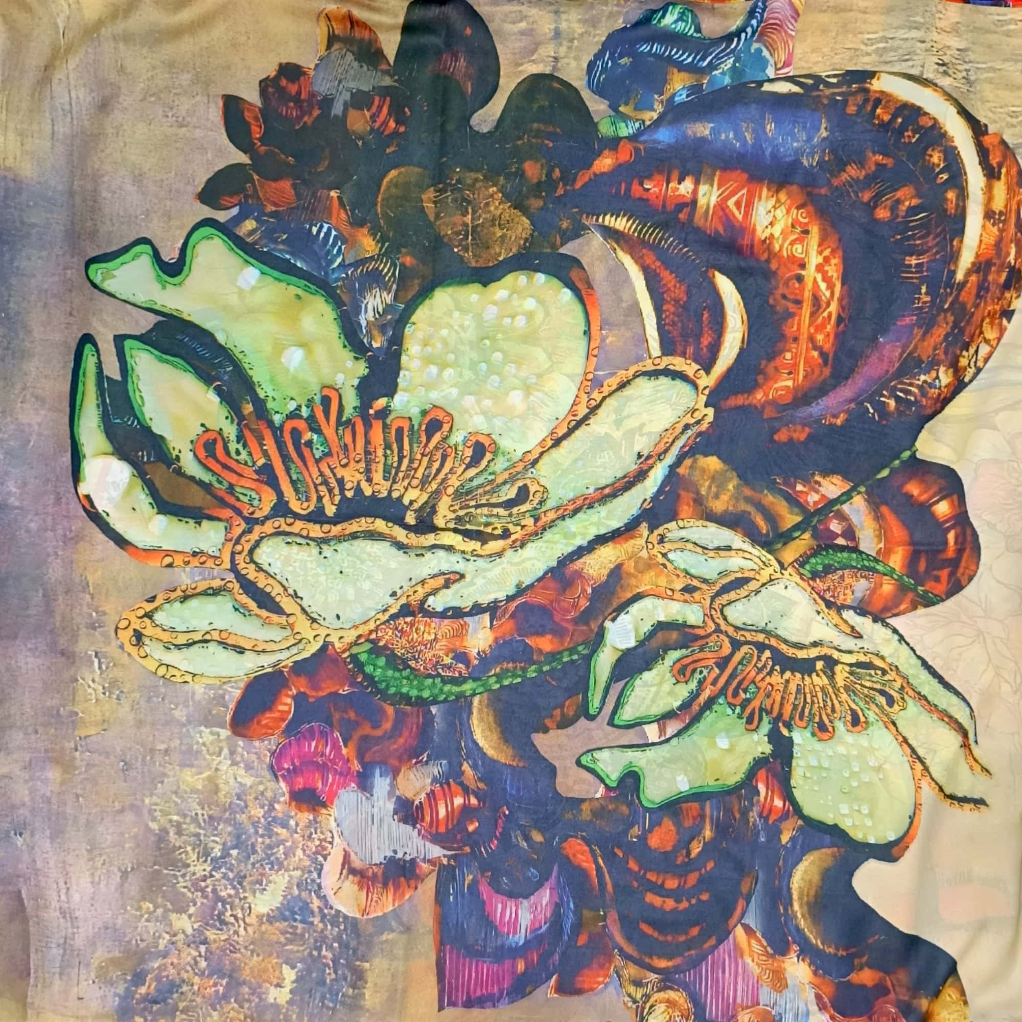 Eșarfă Artistică Ocean Bloom & Mandala Flowers 8108-12 – Reversibilă (2 Fețe), 50% Mătase & 50% Vîscoză, 180×68 cm, Cutie Cadou Inclusă