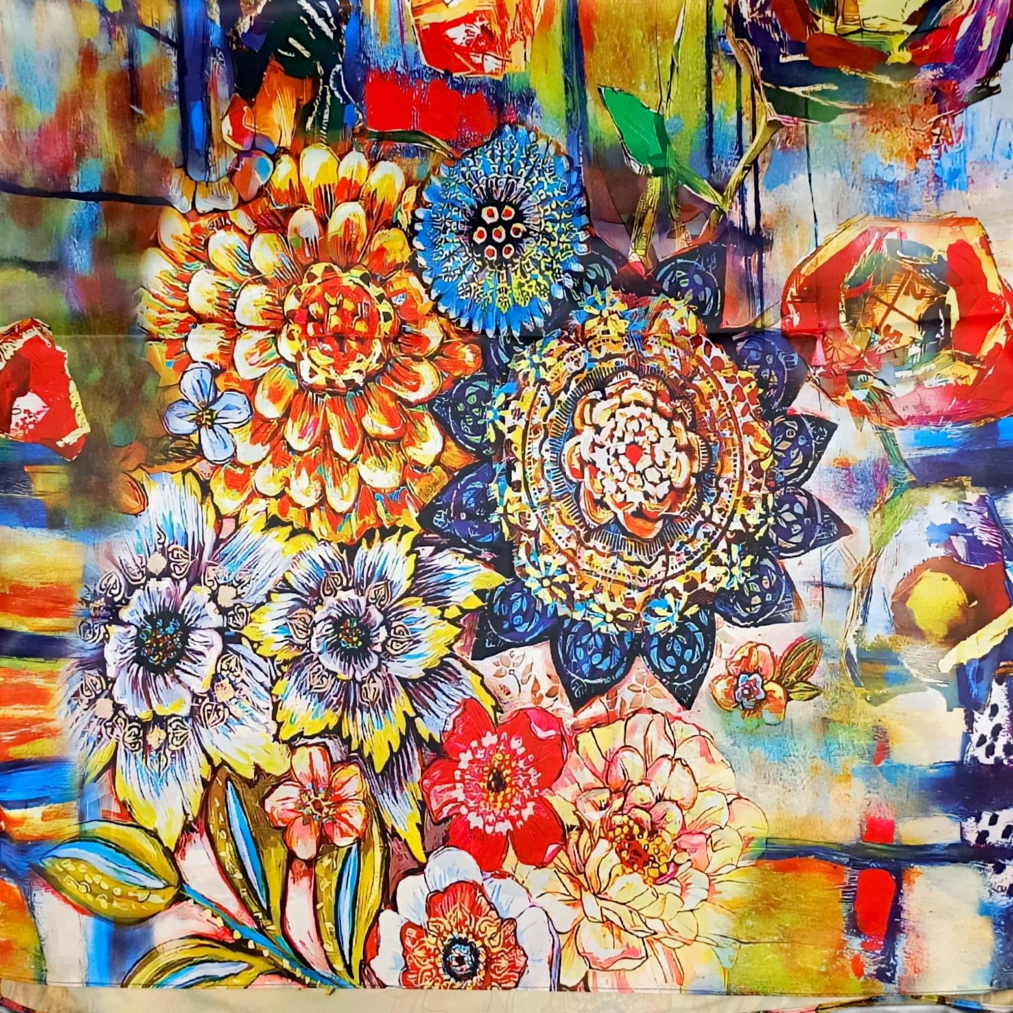 Eșarfă Artistică Ocean Bloom & Mandala Flowers 8108-12 – Reversibilă (2 Fețe), 50% Mătase & 50% Vîscoză, 180×68 cm, Cutie Cadou Inclusă