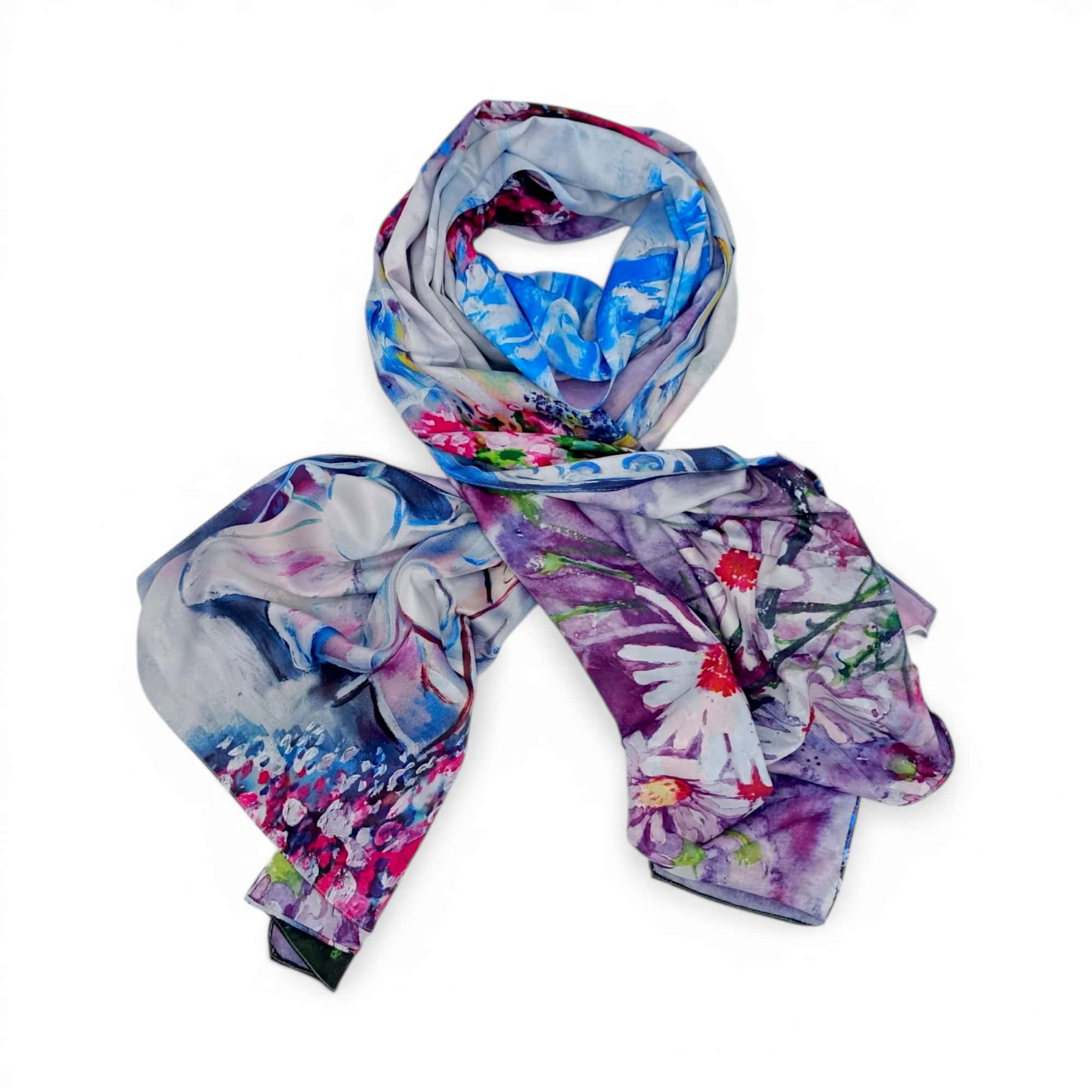 Eșarfă Artistică Paris Terrace & Daisy Garden 8108-11 – Reversibilă (2 Fețe), 50% Mătase & 50% Vîscoză, 180×68 cm, Cutie Cadou Inclusă