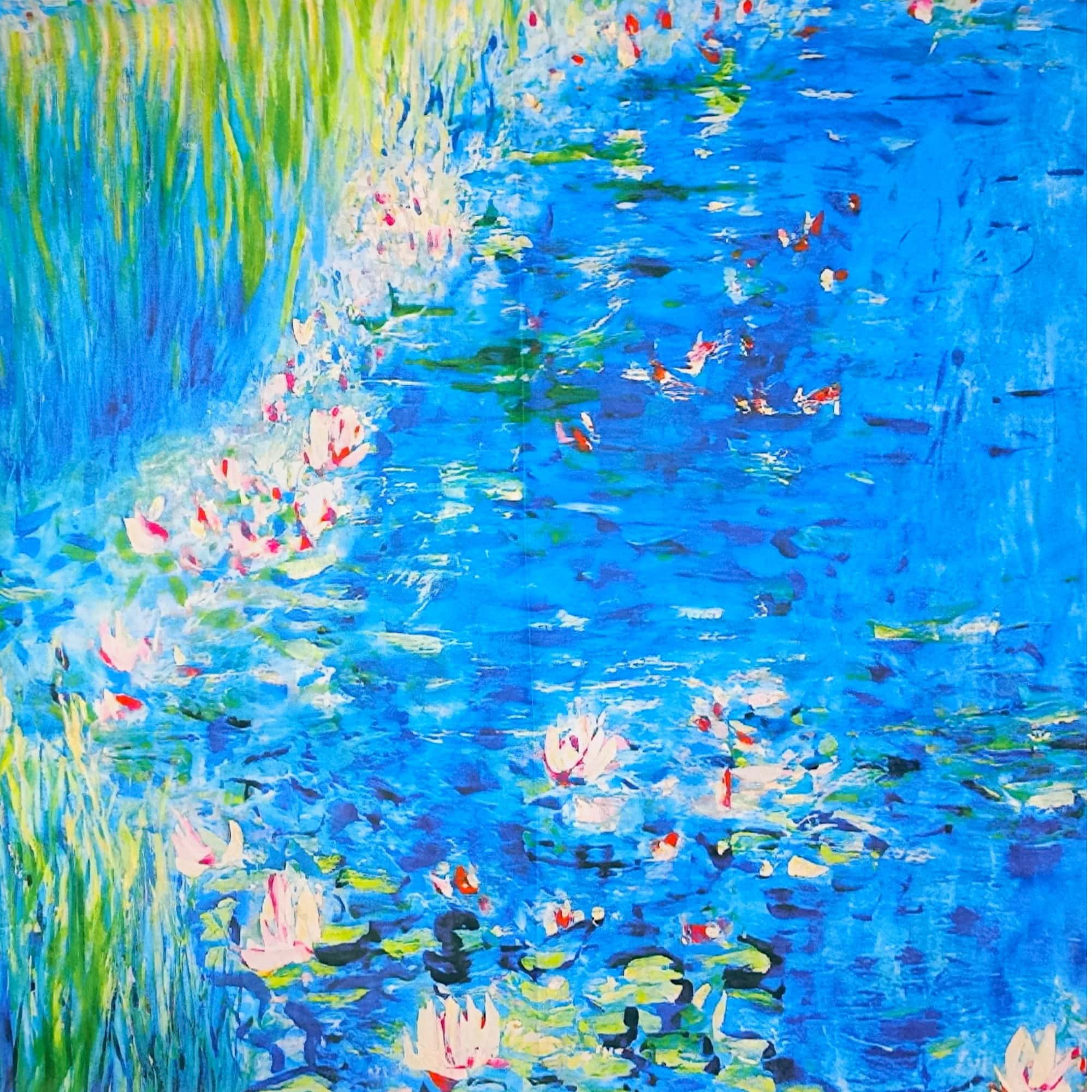 Eșarfă Artistică Water Lilies & Almond Blossom 8108-9 – Reversibilă (2 Fețe), 50% Mătase & 50% Vîscoză, 180×68 cm, Cutie Cadou Inclusă