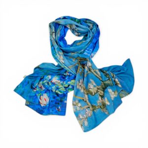 Eșarfă Artistică Water Lilies & Almond Blossom 8108-9 – Reversibilă (2 Fețe), 50% Mătase & 50% Vîscoză, 180×68 cm, Cutie Cadou Inclusă