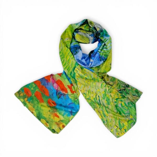 Eșarfă Artistică Yellow Wheat Field & Impression Village 8108-10 – Reversibilă (2 Fețe), 50% Mătase & 50% Vîscoză, 180×68 cm, Cutie Cadou Inclusă