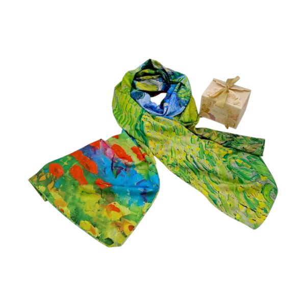 Eșarfă Artistică Yellow Wheat Field & Impression Village 8108-10 – Reversibilă (2 Fețe), 50% Mătase & 50% Vîscoză, 180×68 cm, Cutie Cadou Inclusă