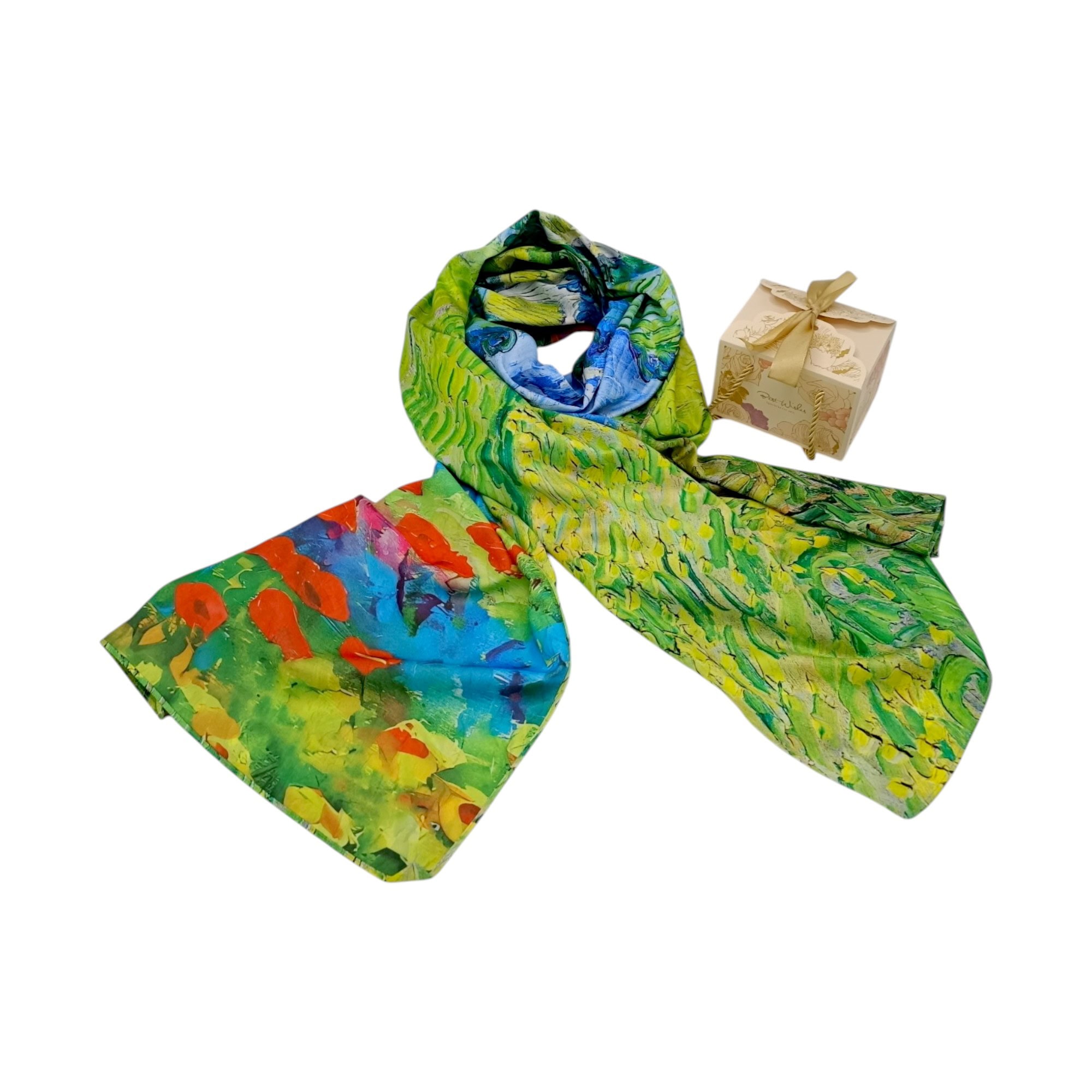 Eșarfă Artistică Yellow Wheat Field & Impression Village 8108-10 – Reversibilă (2 Fețe), 50% Mătase & 50% Vîscoză, 180×68 cm, Cutie Cadou Inclusă