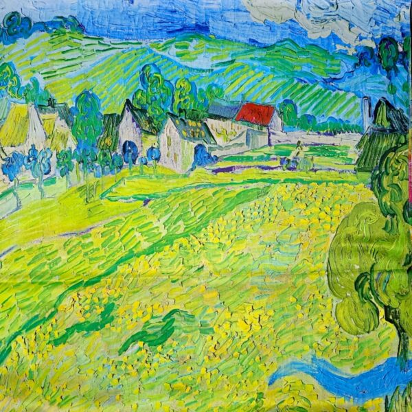 Eșarfă Artistică Yellow Wheat Field & Impression Village 8108-10 – Reversibilă (2 Fețe), 50% Mătase & 50% Vîscoză, 180×68 cm, Cutie Cadou Inclusă