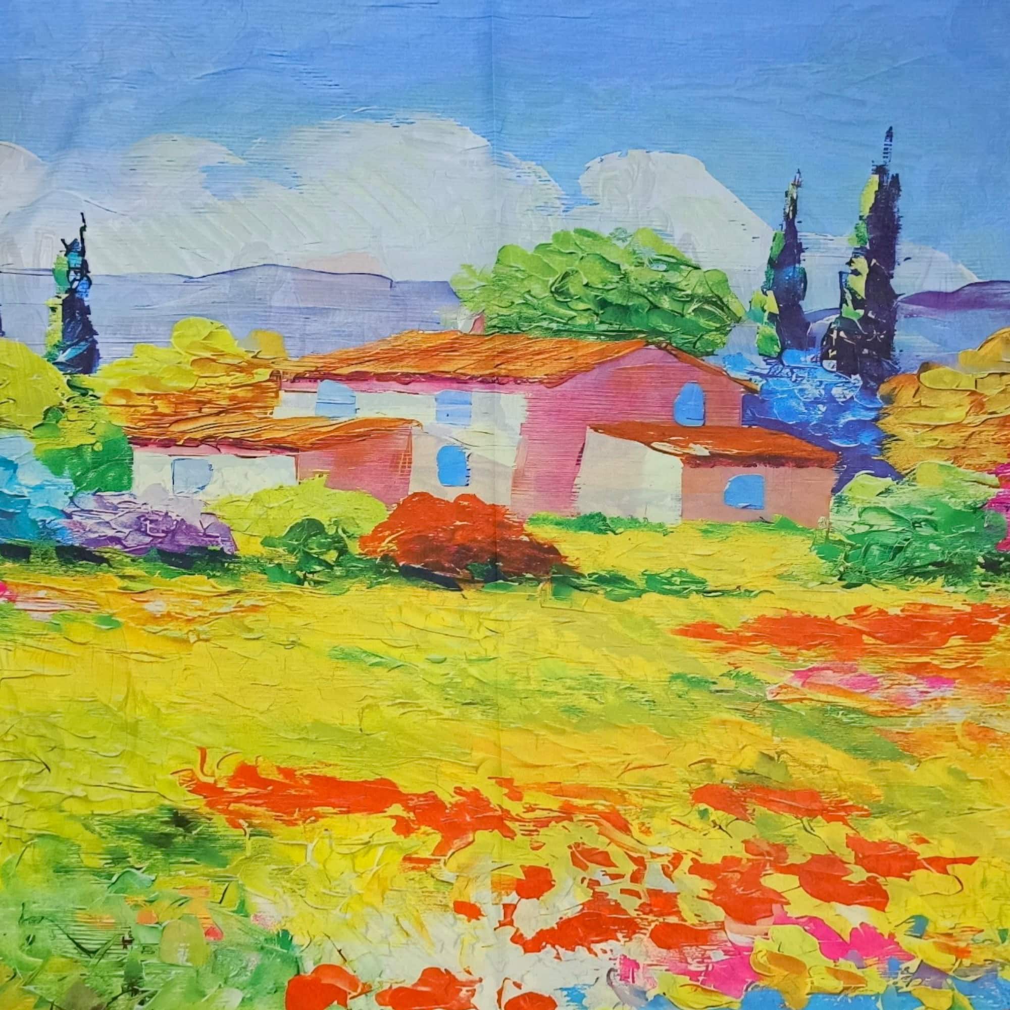 Eșarfă Artistică Yellow Wheat Field & Impression Village 8108-10 – Reversibilă (2 Fețe), 50% Mătase & 50% Vîscoză, 180×68 cm, Cutie Cadou Inclusă