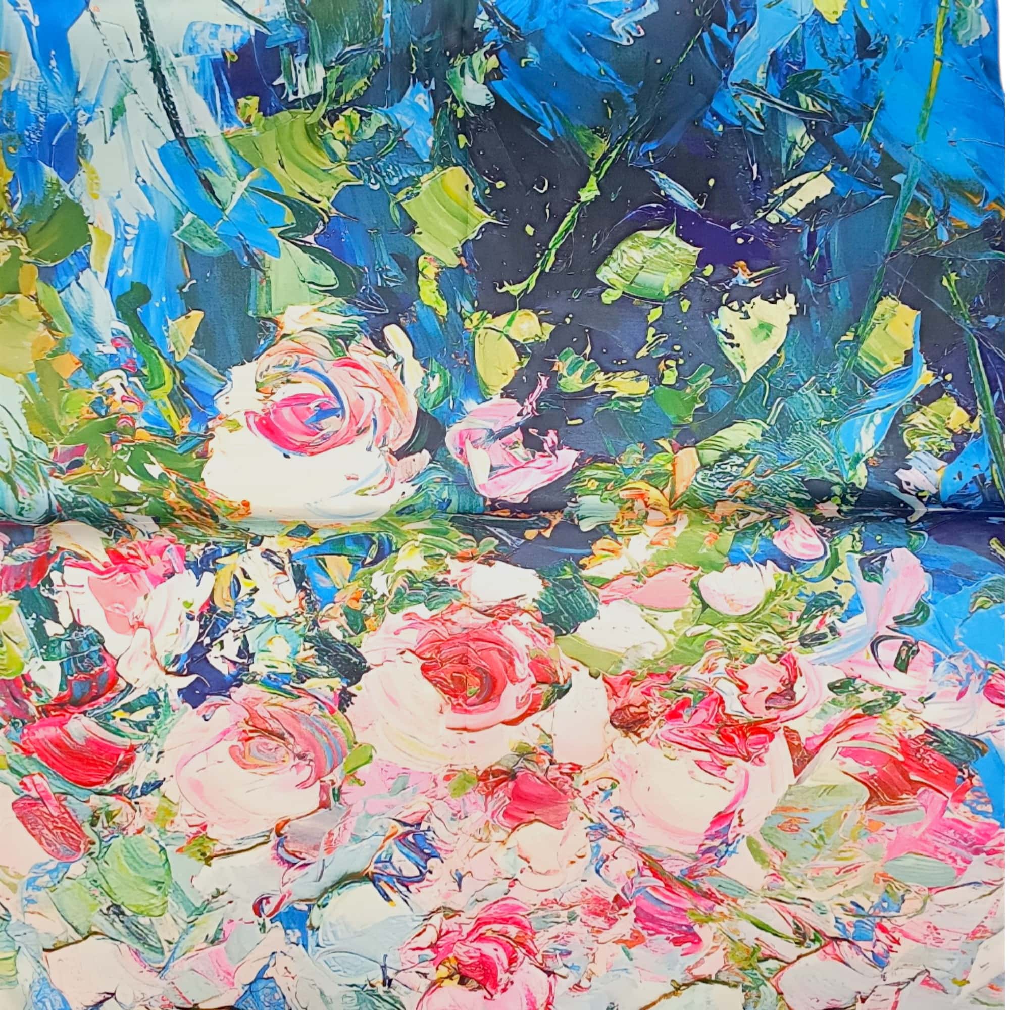 Eșarfă damă 100% mătase naturală – Azure Floral Impression SG10-6 (70×70 cm) | Print Artistic Floral, Cutie Cadou
