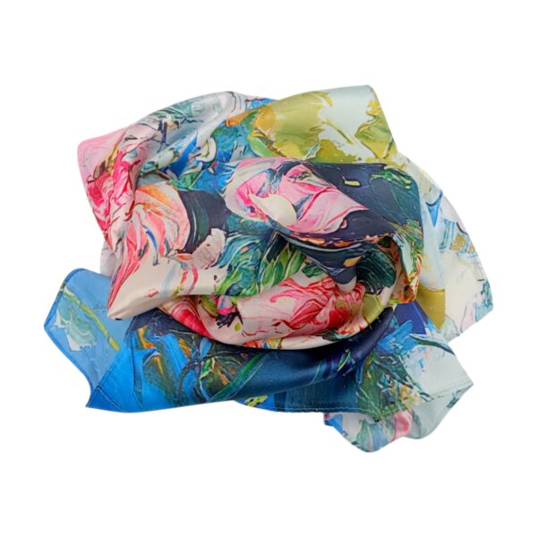 Eșarfă damă 100% mătase naturală – Azure Floral Impression SG10-6 (70×70 cm) | Print Artistic Floral, Cutie Cadou