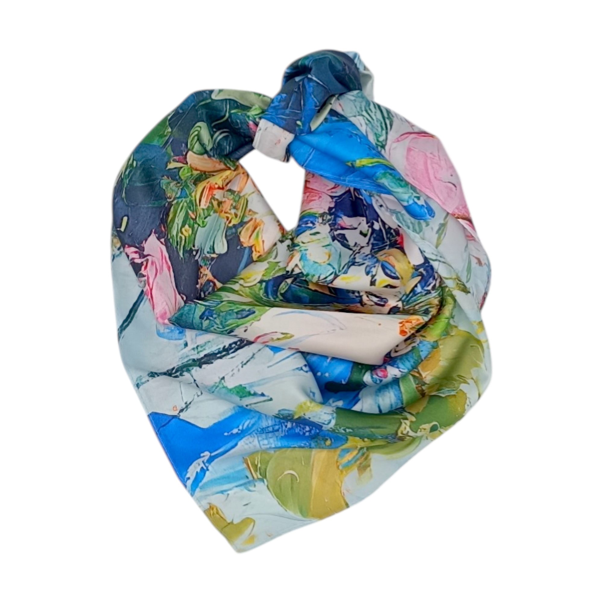 Eșarfă damă 100% mătase naturală – Azure Floral Impression SG10-6 (70×70 cm) | Print Artistic Floral, Cutie Cadou