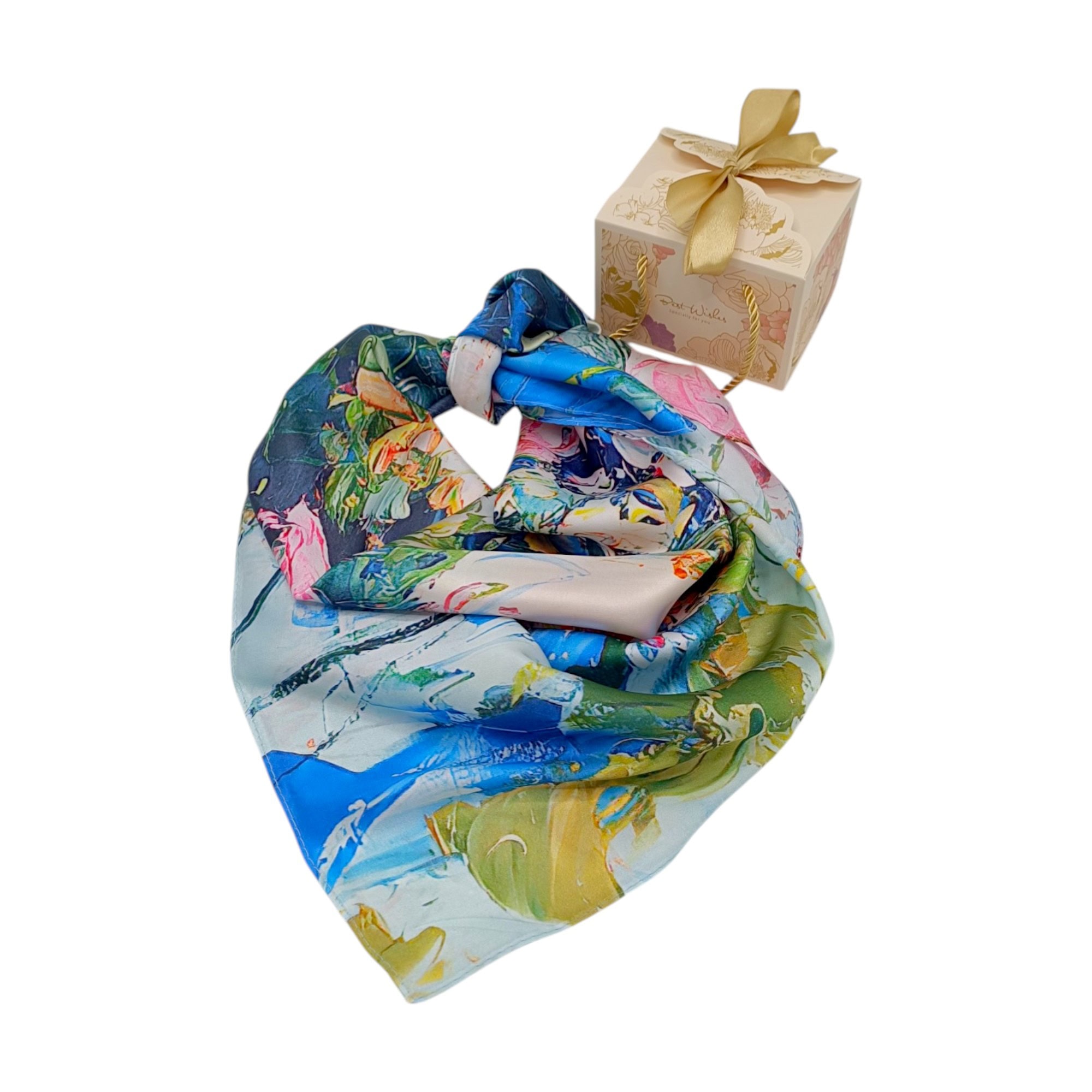 Eșarfă damă 100% mătase naturală – Azure Floral Impression SG10-6 (70×70 cm) | Print Artistic Floral, Cutie Cadou