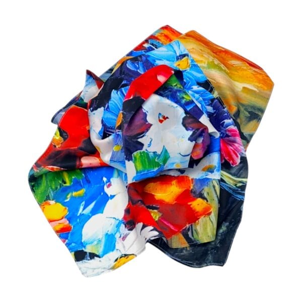 Eșarfă damă 100% mătase naturală – Crimson Bloom Impression SG10-7 (70×70 cm) | Print Floral Artistic, Cutie Cadou