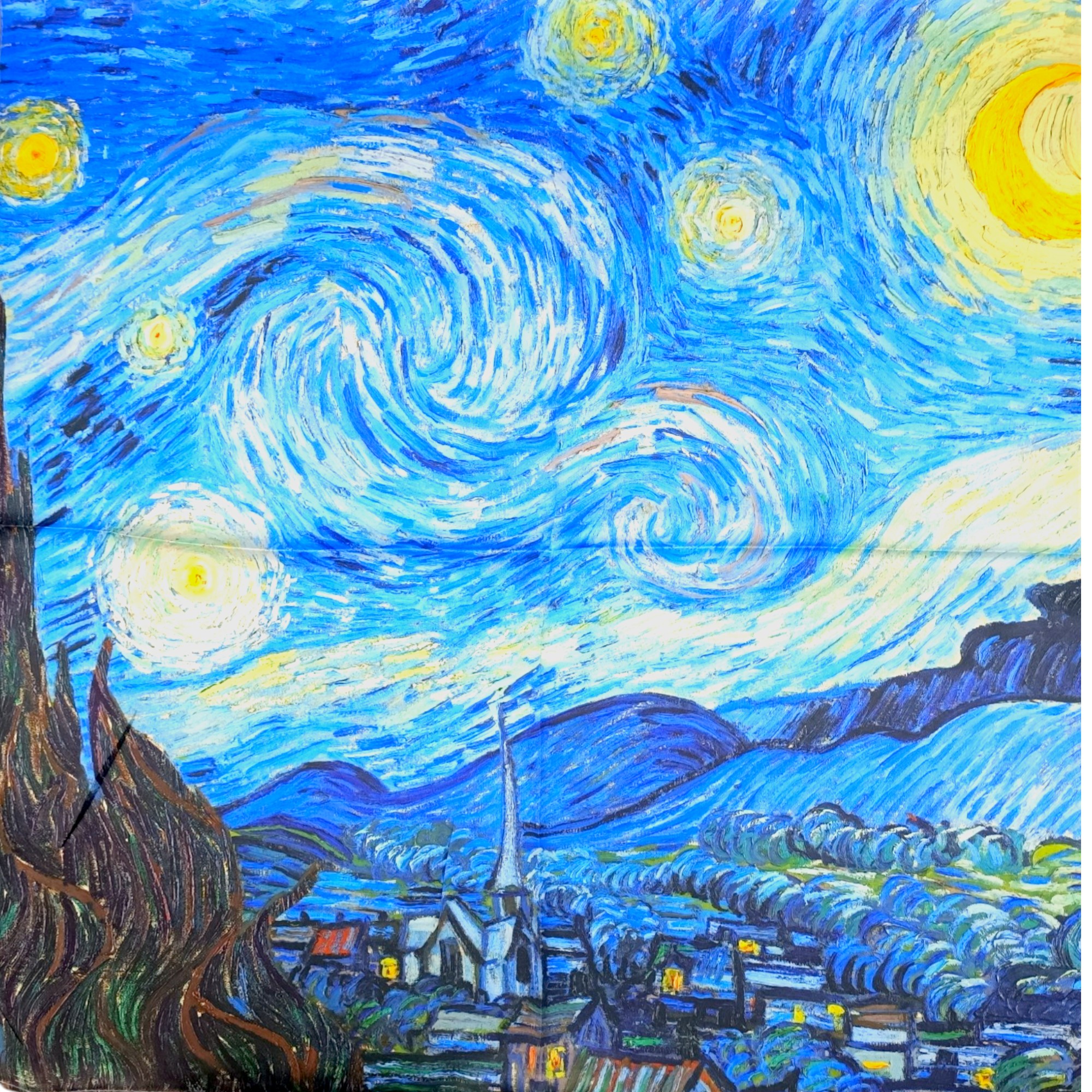 Eșarfă damă 100% mătase naturală – Midnight Swirl SG10-8 (70×70 cm) | Print Artistic Inspirat din Arta Impresionistă, Cutie Cadou