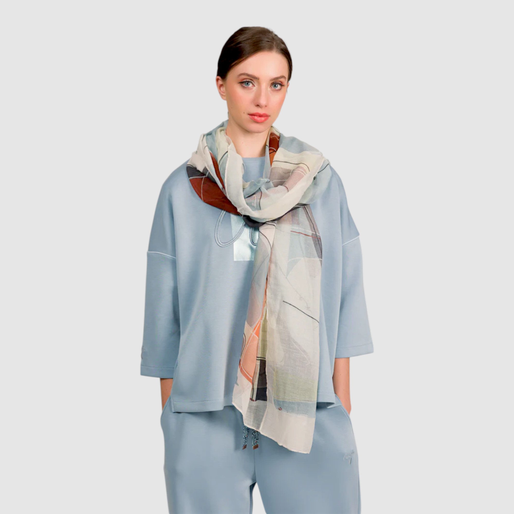 Eșarfă damă Anekke Eikon 42480-052 crem cu albastru și corai – design artistic modern