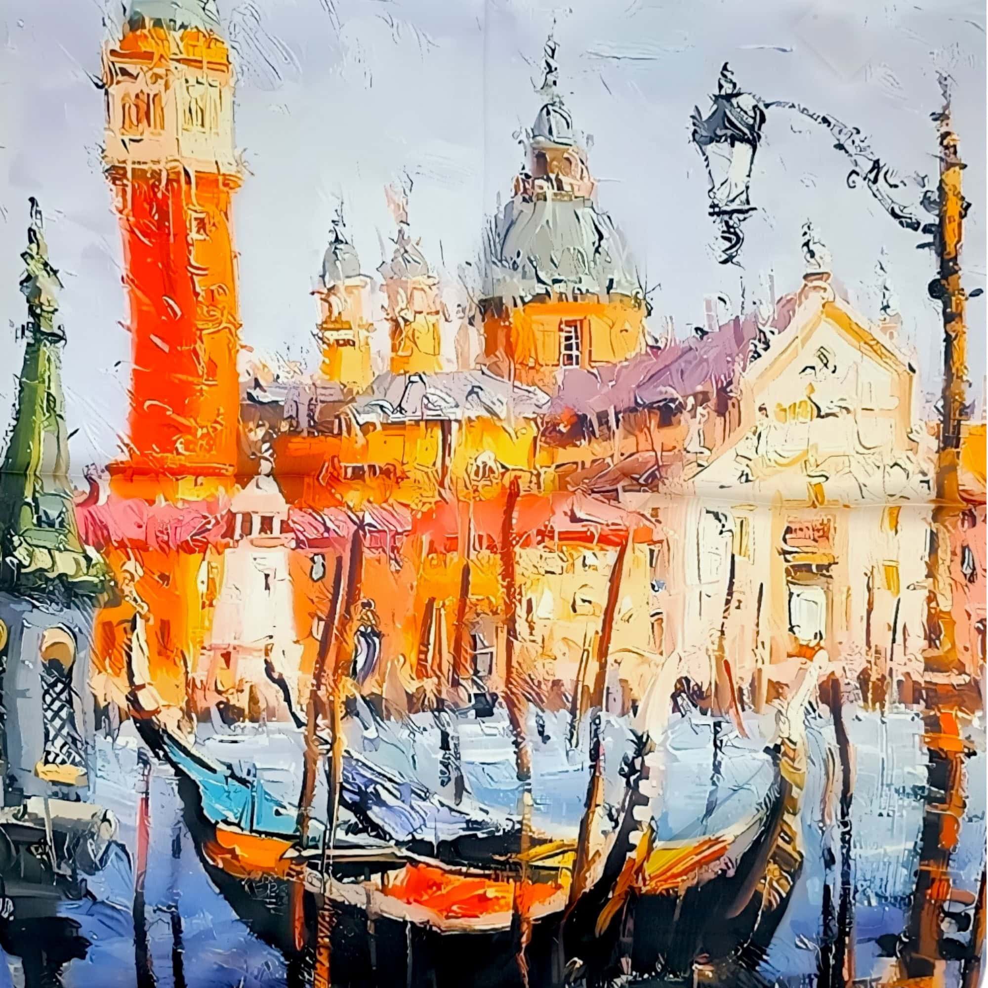 Eșarfă damă pătrată Artistic Venice 2024-05#6 – 70×70 cm, 50% Mătase & 50% Vîscoză, Cutie Cadou
