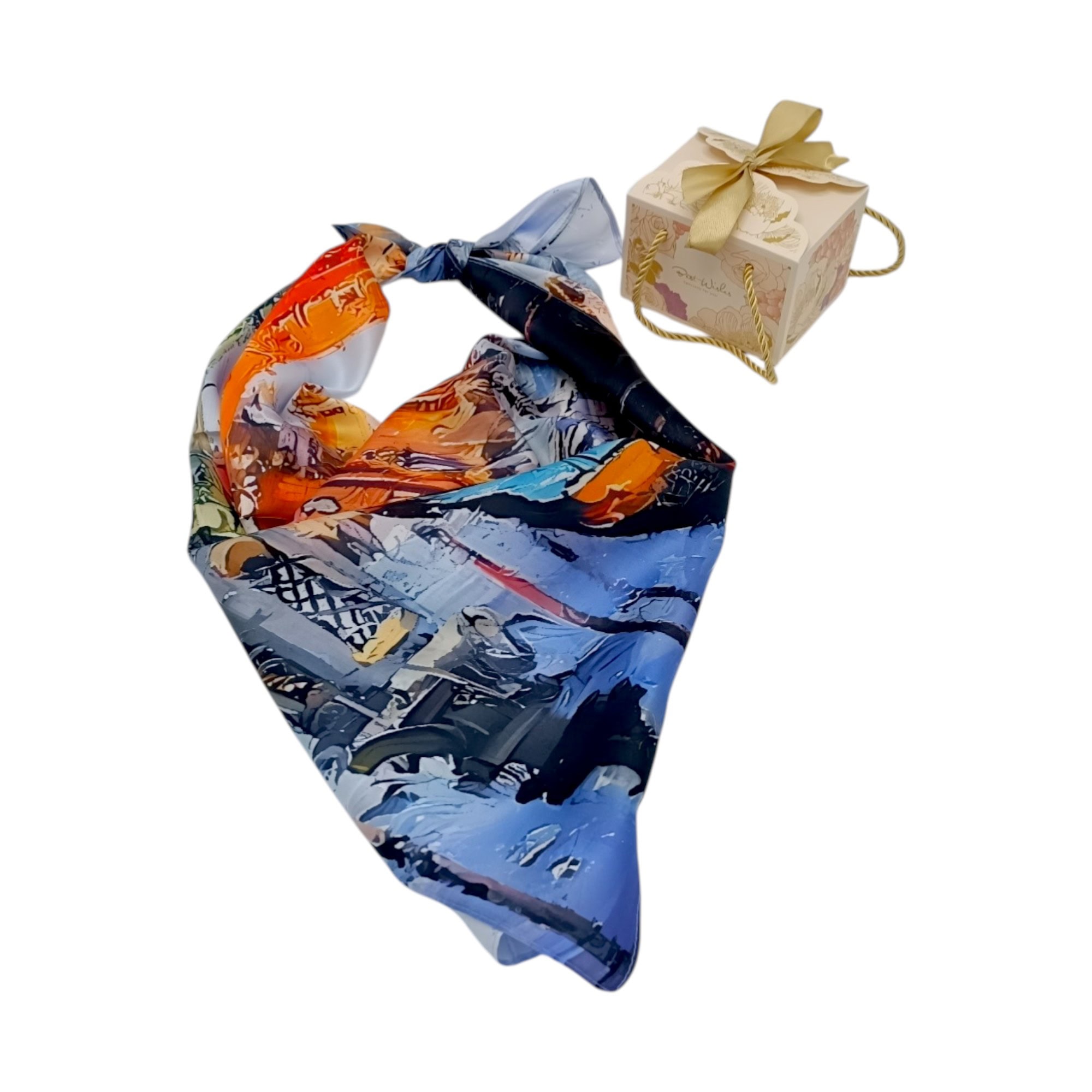 Eșarfă damă pătrată Artistic Venice 2024-05#6 – 70×70 cm, 50% Mătase & 50% Vîscoză, Cutie Cadou