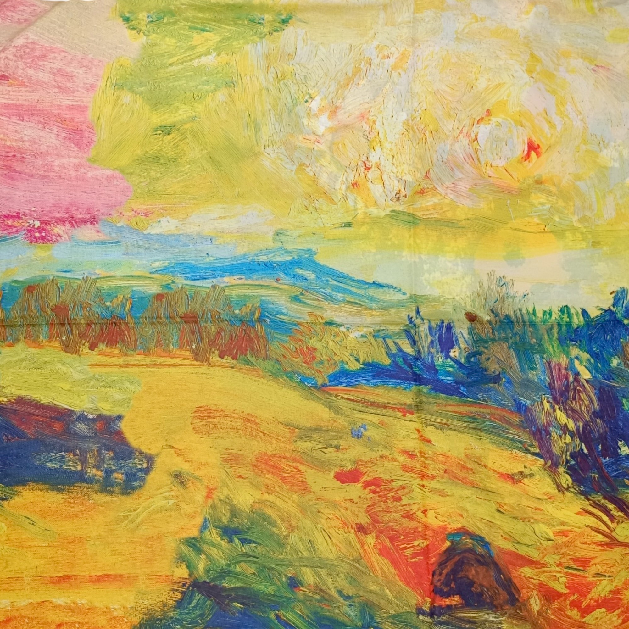 Eșarfă din Mătase 100% Chromatic Stories –Autumn Fields EMS20-3 – Reversibilă (2 Fețe), Design Artistic Floral & Peisaj, 180×70 cm, Cutie Cadou Premium