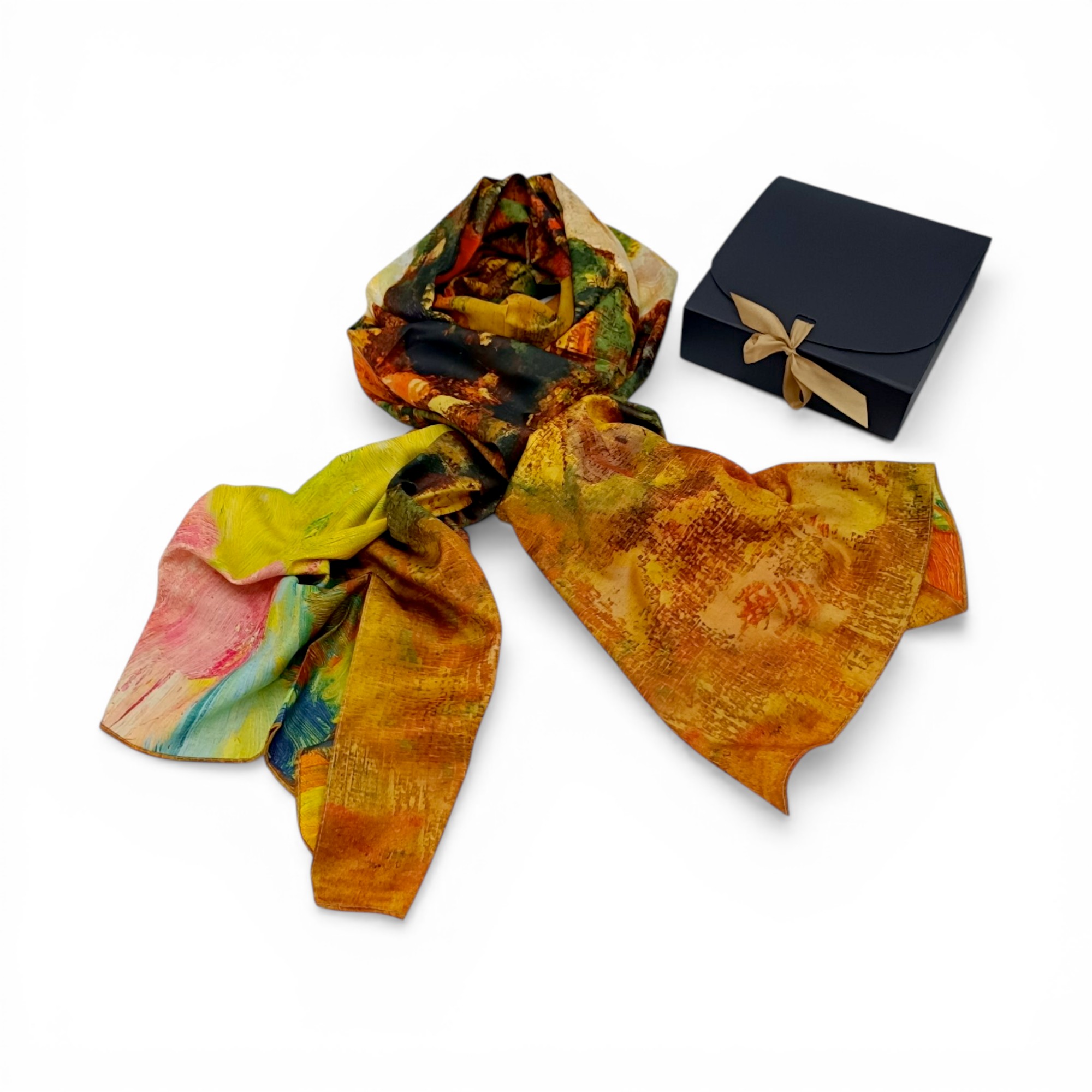 Eșarfă din Mătase 100% Chromatic Stories –Autumn Fields EMS20-3 – Reversibilă (2 Fețe), Design Artistic Floral & Peisaj, 180×70 cm, Cutie Cadou Premium