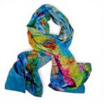 Eșarfă din Mătase 100% Chromatic Stories – Azure Impression EMS20-6, Reversibilă (2 Fețe), Inspirație Monet & Abstract Modern, 180×70 cm, Cutie Cadou Premium