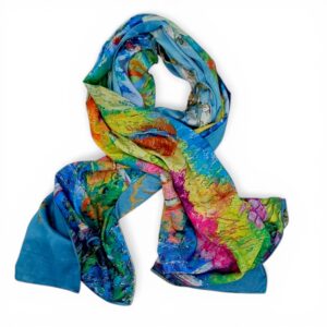 Eșarfă din Mătase 100% Chromatic Stories – Azure Impression EMS20-6, Reversibilă (2 Fețe), Inspirație Monet & Abstract Modern, 180×70 cm, Cutie Cadou Premium