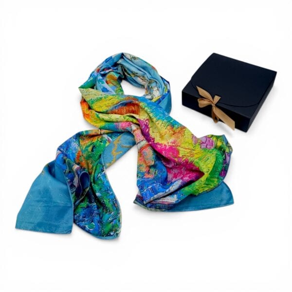 Eșarfă din Mătase 100% Chromatic Stories – Azure Impression EMS20-6, Reversibilă (2 Fețe), Inspirație Monet & Abstract Modern, 180×70 cm, Cutie Cadou Premium