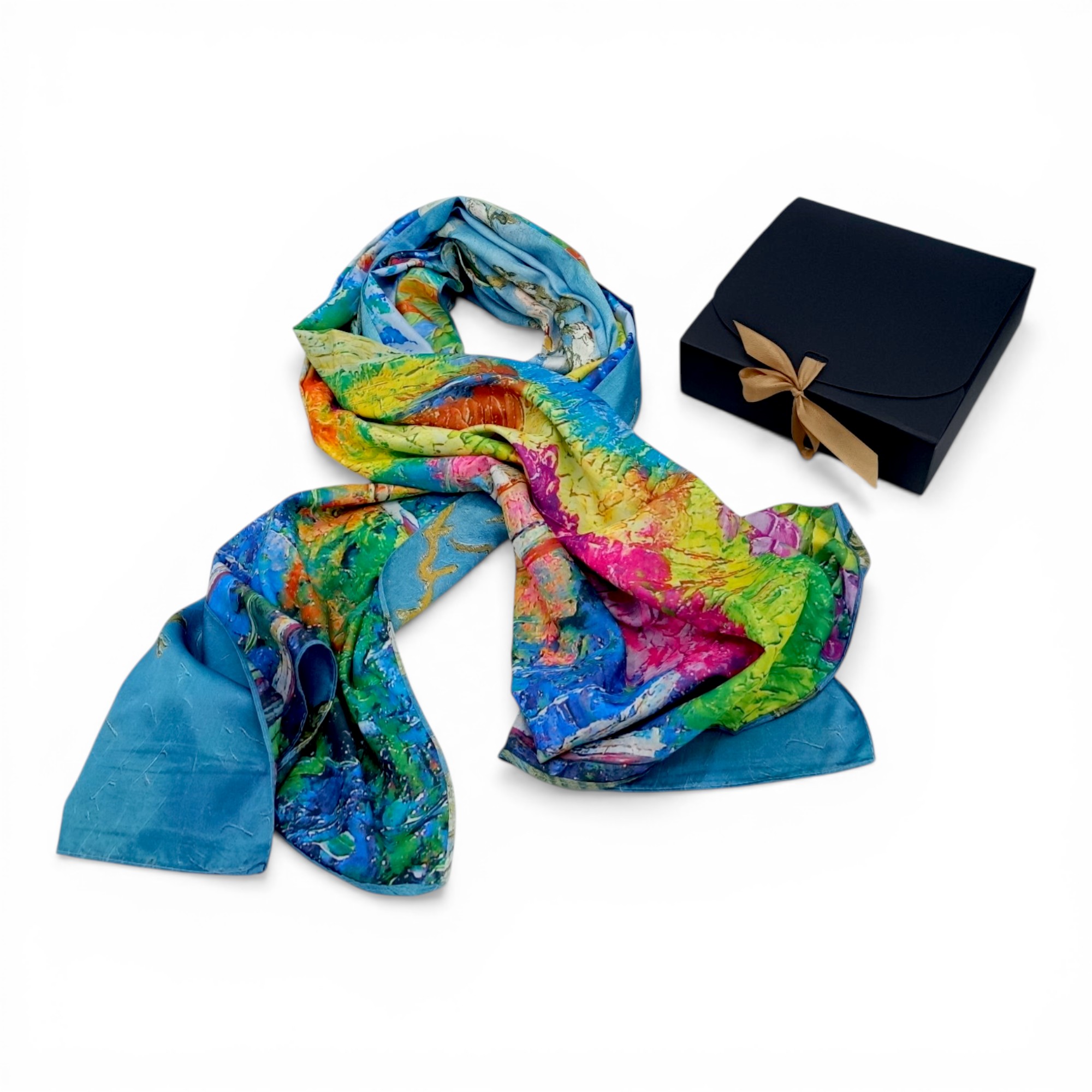 Eșarfă din Mătase 100% Chromatic Stories – Azure Impression EMS20-6, Reversibilă (2 Fețe), Inspirație Monet & Abstract Modern, 180×70 cm, Cutie Cadou Premium