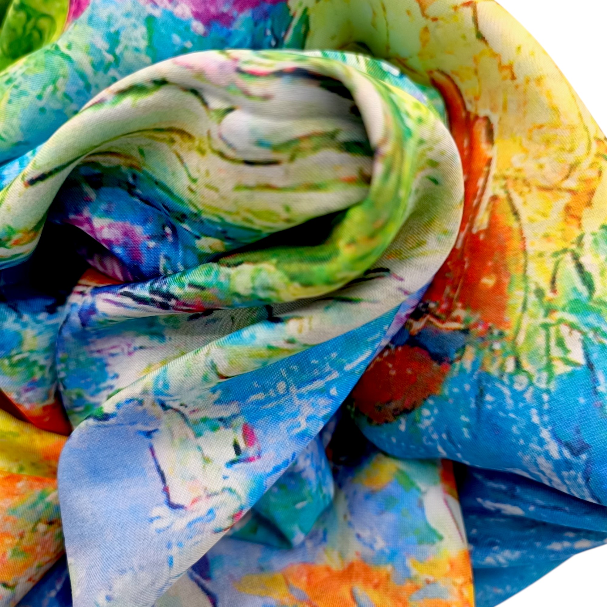 Eșarfă din Mătase 100% Chromatic Stories – Azure Impression EMS20-6, Reversibilă (2 Fețe), Inspirație Monet & Abstract Modern, 180×70 cm, Cutie Cadou Premium