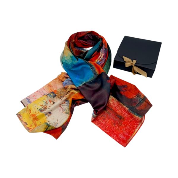 Eșarfă din Mătase 100% Chromatic Stories – Crimson Canvas EMS20-4, Reversibilă (2 Fețe), Design Artistic Abstract & Floral, 180×70 cm, Cutie Cadou Premium