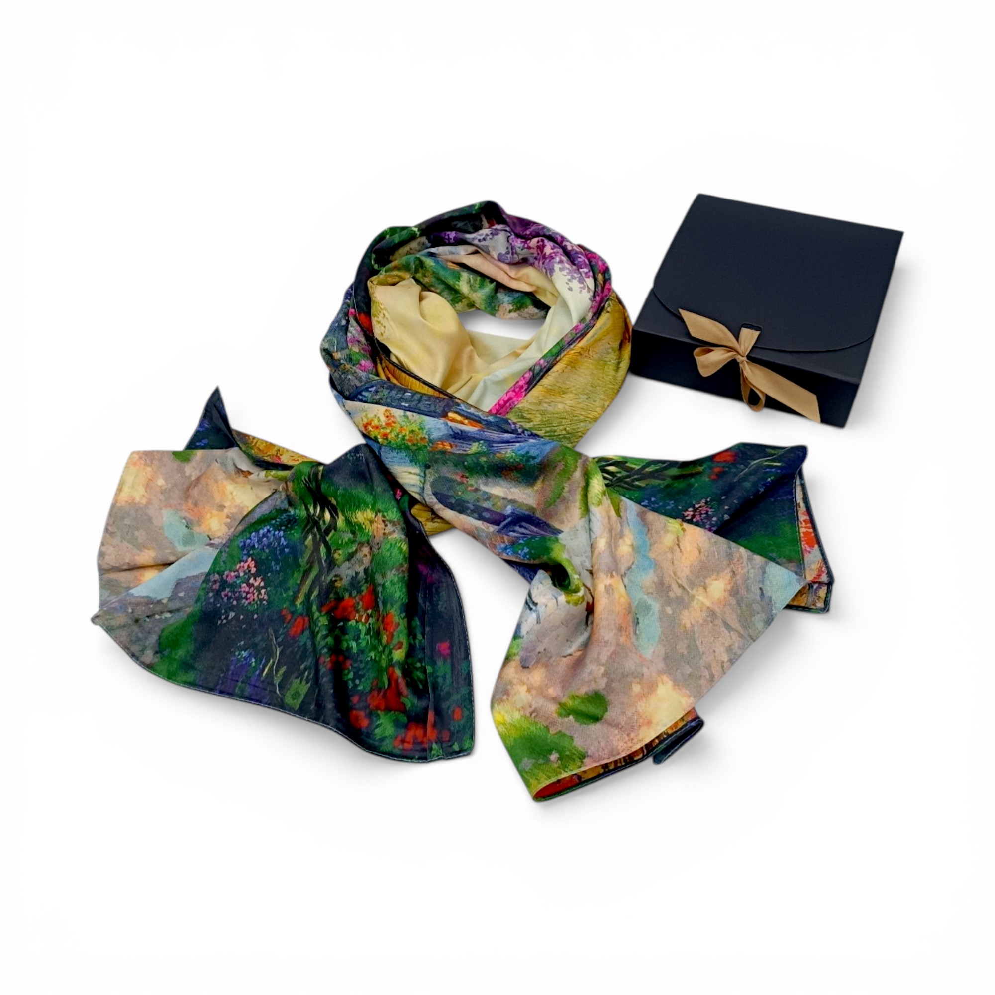 Eșarfă din Mătase 100% Chromatic Stories – Garden Escape EMS20-8, Reversibilă (2 Fețe), Peisaj Artistic & Natură Romantică, 180×70 cm, Cutie Cadou Premium