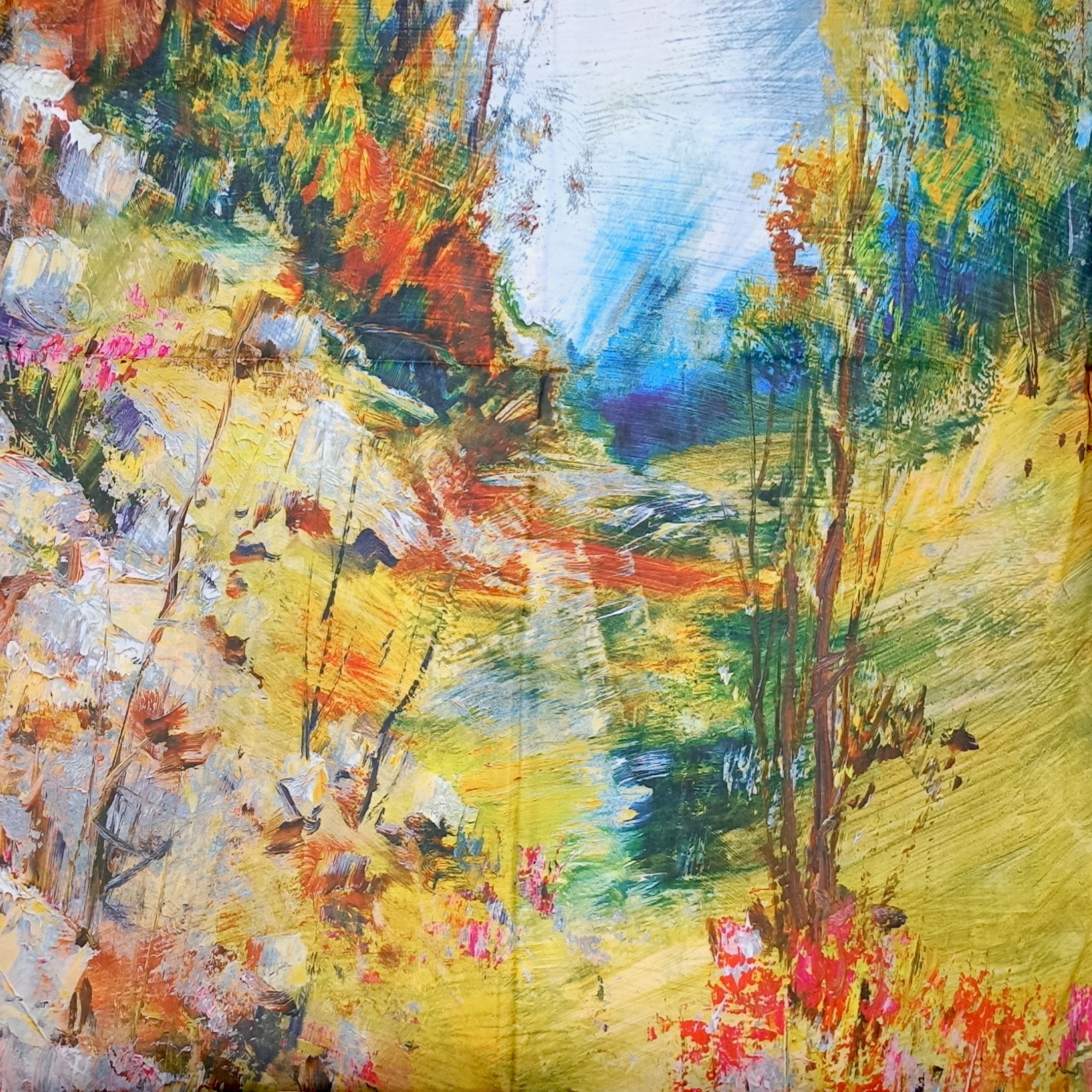 Eșarfă din Mătase 100% Chromatic Stories – Garden Escape EMS20-8, Reversibilă (2 Fețe), Peisaj Artistic & Natură Romantică, 180×70 cm, Cutie Cadou Premium