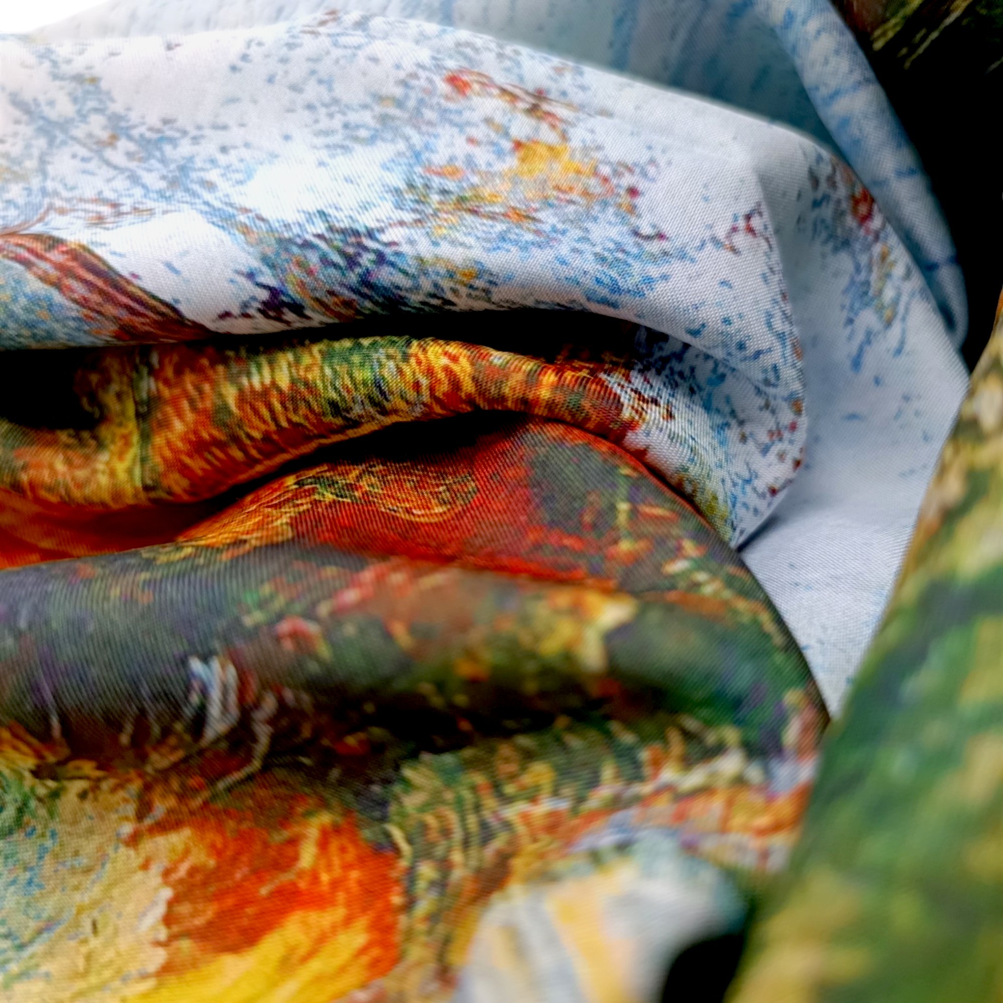 Eșarfă din Mătase 100% Chromatic Stories – Garden Escape EMS20-8, Reversibilă (2 Fețe), Peisaj Artistic & Natură Romantică, 180×70 cm, Cutie Cadou Premium