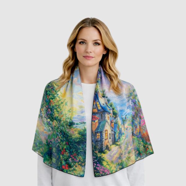 Eșarfă din Mătase 100% Chromatic Stories – Garden Escape EMS20-8, Reversibilă (2 Fețe), Peisaj Artistic & Natură Romantică, 180×70 cm, Cutie Cadou Premium