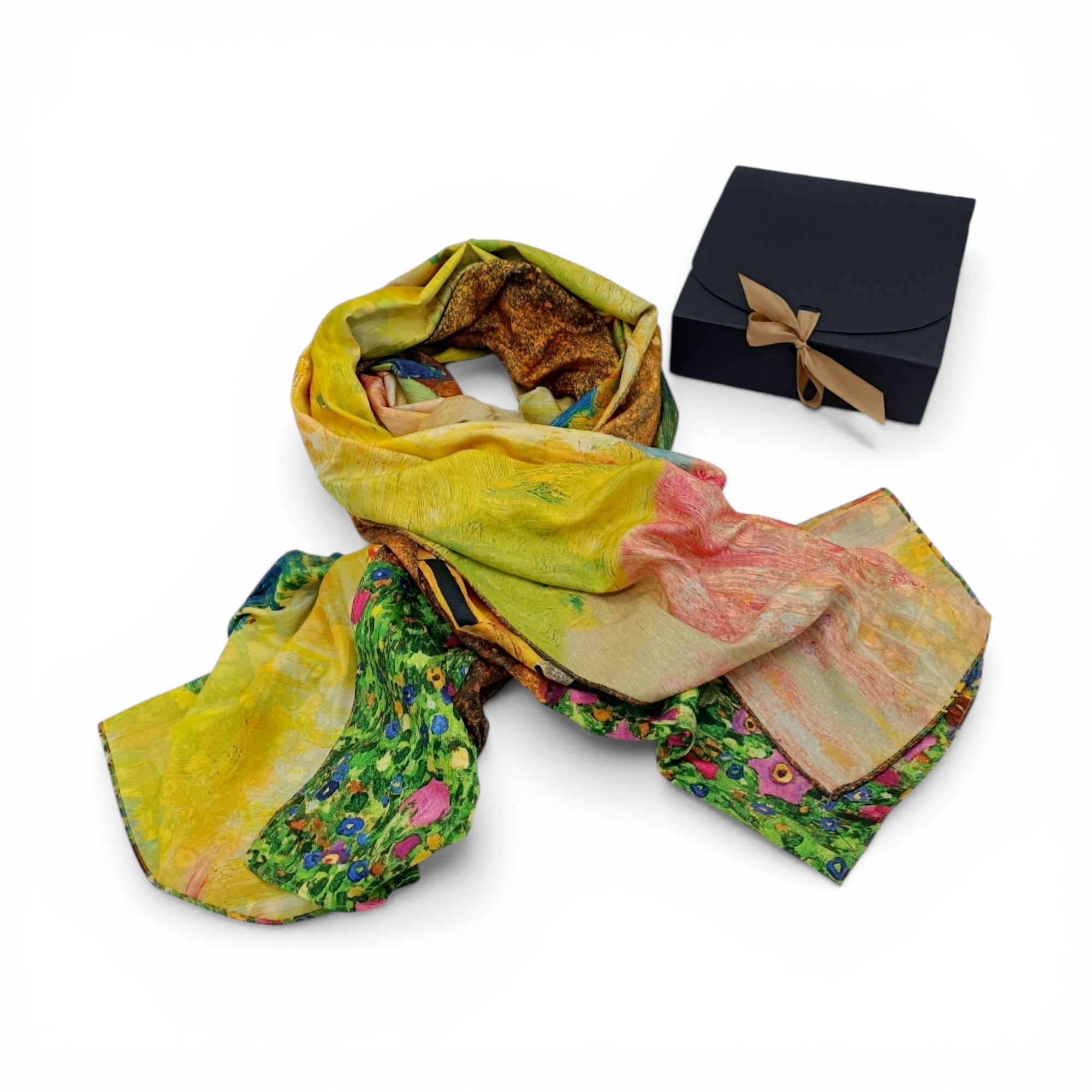 Eșarfă din Mătase 100% Chromatic Stories – Golden Reverie EMS20-5, Reversibilă (2 Fețe), Inspirație Artistică Klimt & Peisaj Pictural, 180×70 cm, Cutie Cadou Premium