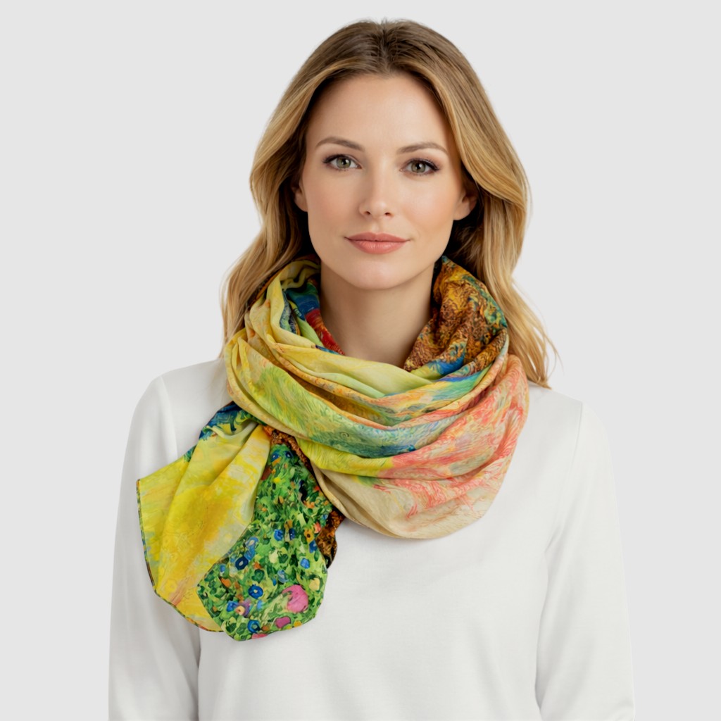 Eșarfă din Mătase 100% Chromatic Stories – Golden Reverie EMS20-5, Reversibilă (2 Fețe), Inspirație Artistică Klimt & Peisaj Pictural, 180×70 cm, Cutie Cadou Premium