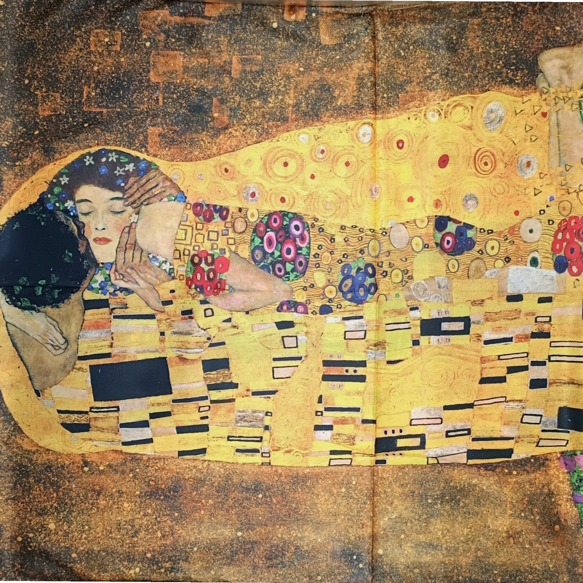 Eșarfă din Mătase 100% Chromatic Stories – Golden Reverie EMS20-5, Reversibilă (2 Fețe), Inspirație Artistică Klimt & Peisaj Pictural, 180×70 cm, Cutie Cadou Premium