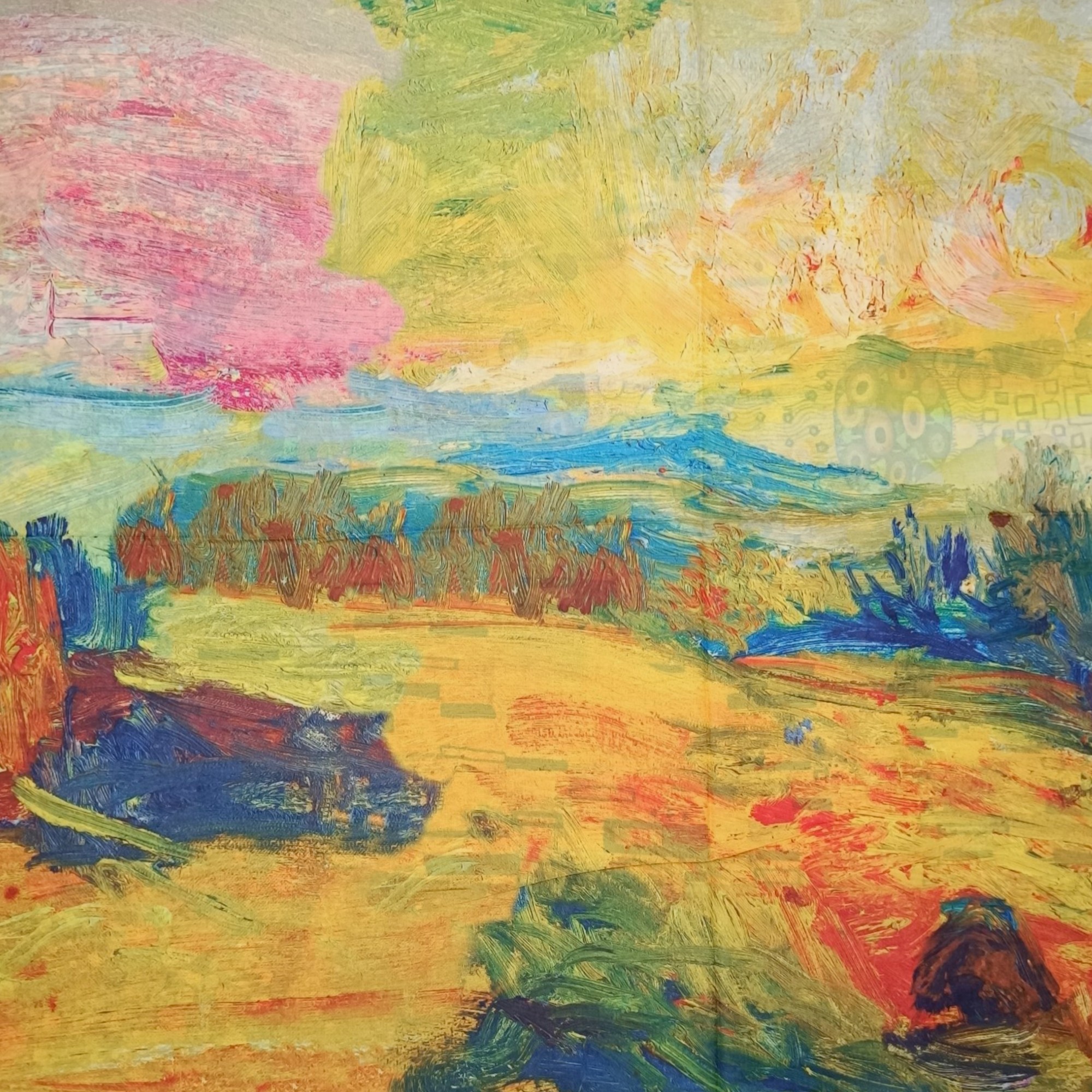 Eșarfă din Mătase 100% Chromatic Stories – Golden Reverie EMS20-5, Reversibilă (2 Fețe), Inspirație Artistică Klimt & Peisaj Pictural, 180×70 cm, Cutie Cadou Premium