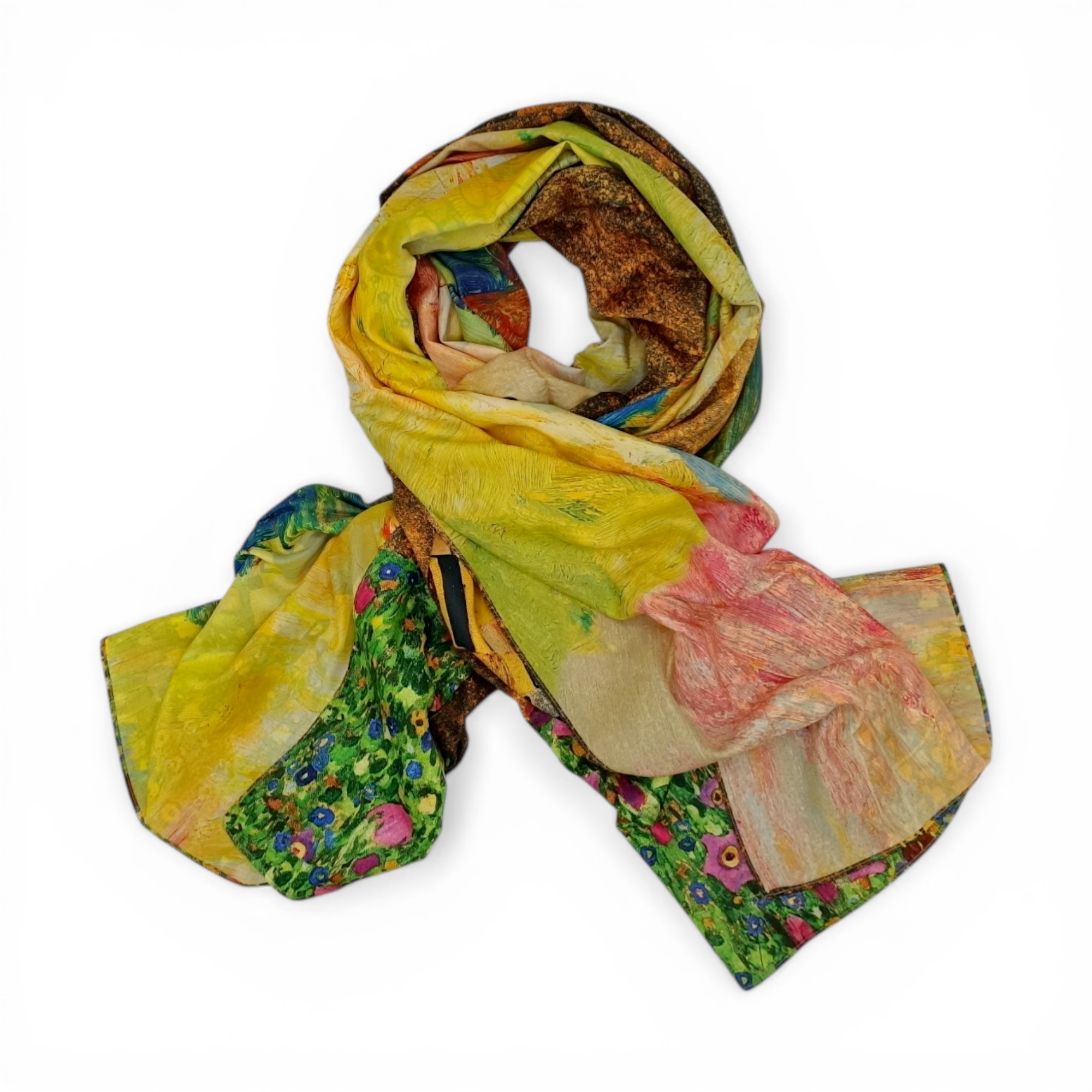 Eșarfă din Mătase 100% Chromatic Stories – Golden Reverie EMS20-5, Reversibilă (2 Fețe), Inspirație Artistică Klimt & Peisaj Pictural, 180×70 cm, Cutie Cadou Premium