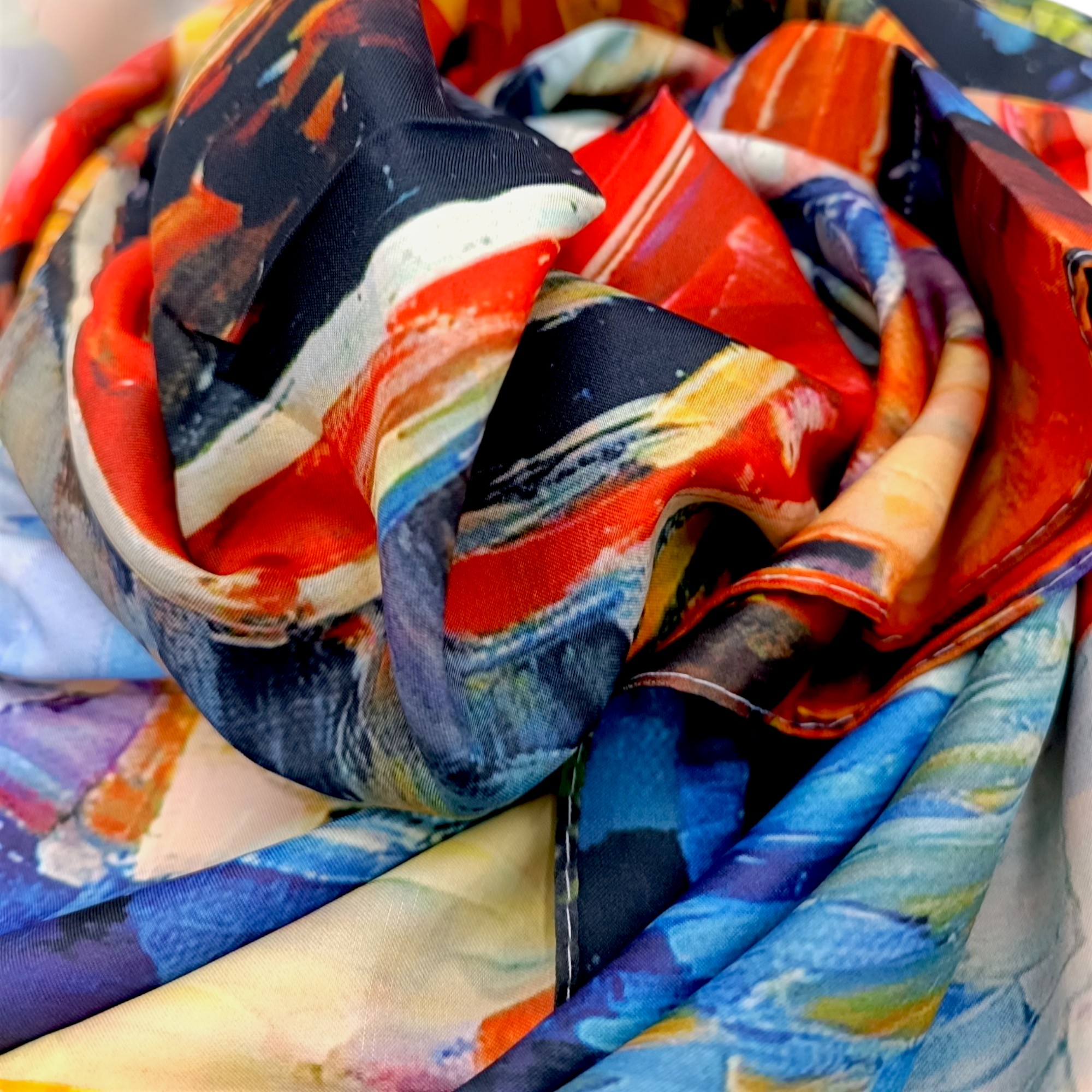 Eșarfă din Mătase 100% Chromatic Stories – Urban Reflections EMS20-7, Reversibilă (2 Fețe), Artă Urbană & Impresionism Modern, 180×70 cm, Cutie Cadou Premium