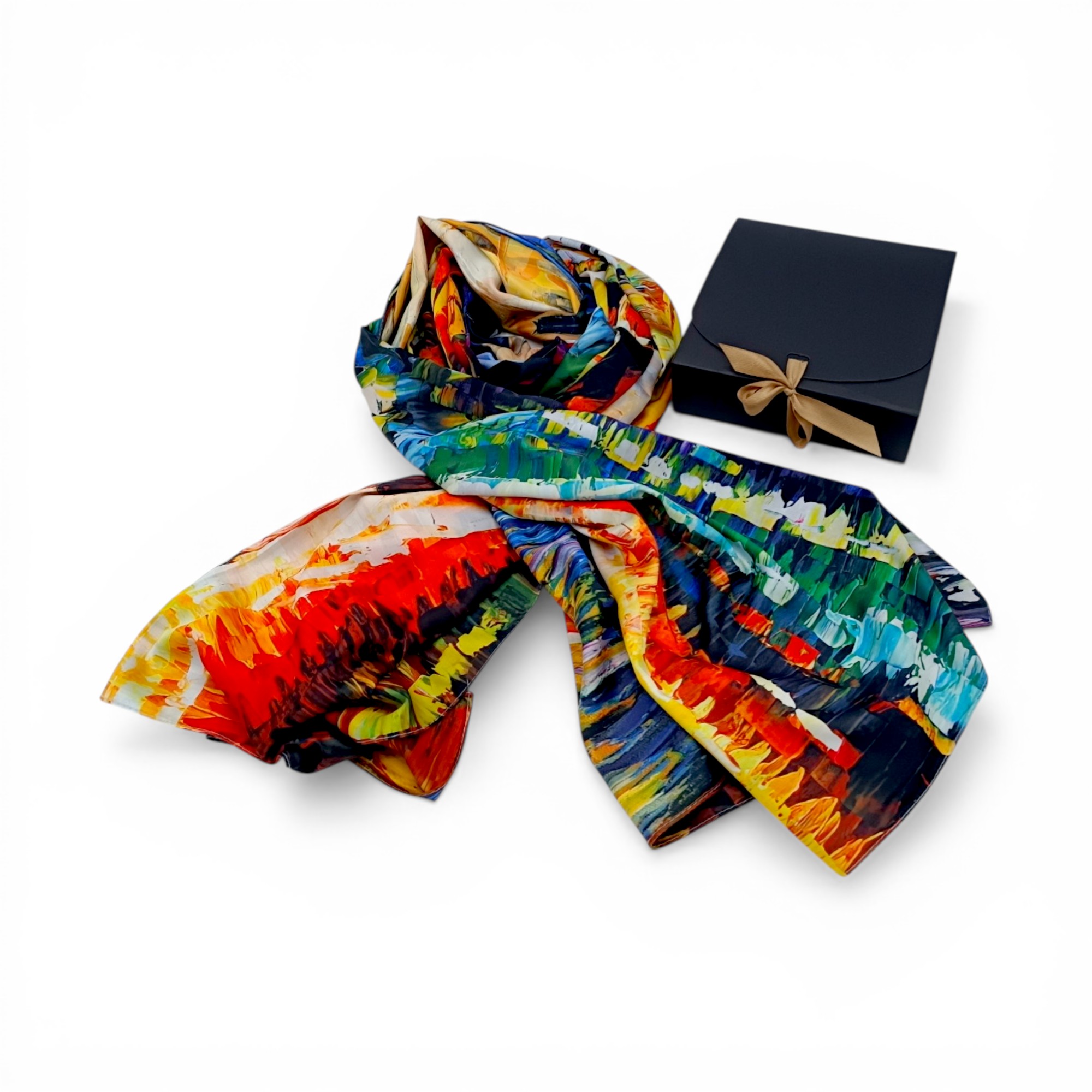 Eșarfă din Mătase 100% Chromatic Stories – Urban Reflections EMS20-7, Reversibilă (2 Fețe), Artă Urbană & Impresionism Modern, 180×70 cm, Cutie Cadou Premium