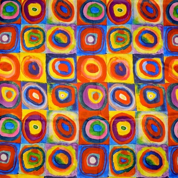 Eșarfă din Mătase 100% Chromatic Stories –Kandinsky Circles EMS20-2 – Reversibilă (2 Fețe), Design Abstract Multicolor, 180×70 cm, Cutie Cadou Premium