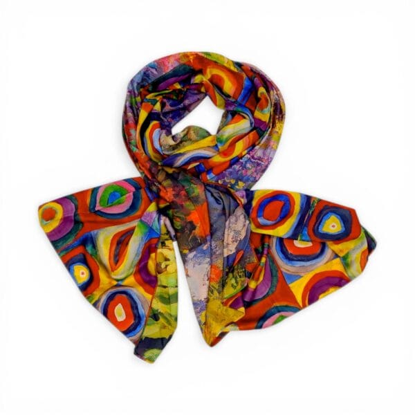 Eșarfă din Mătase 100% Chromatic Stories –Kandinsky Circles EMS20-2 – Reversibilă (2 Fețe), Design Abstract Multicolor, 180×70 cm, Cutie Cadou Premium