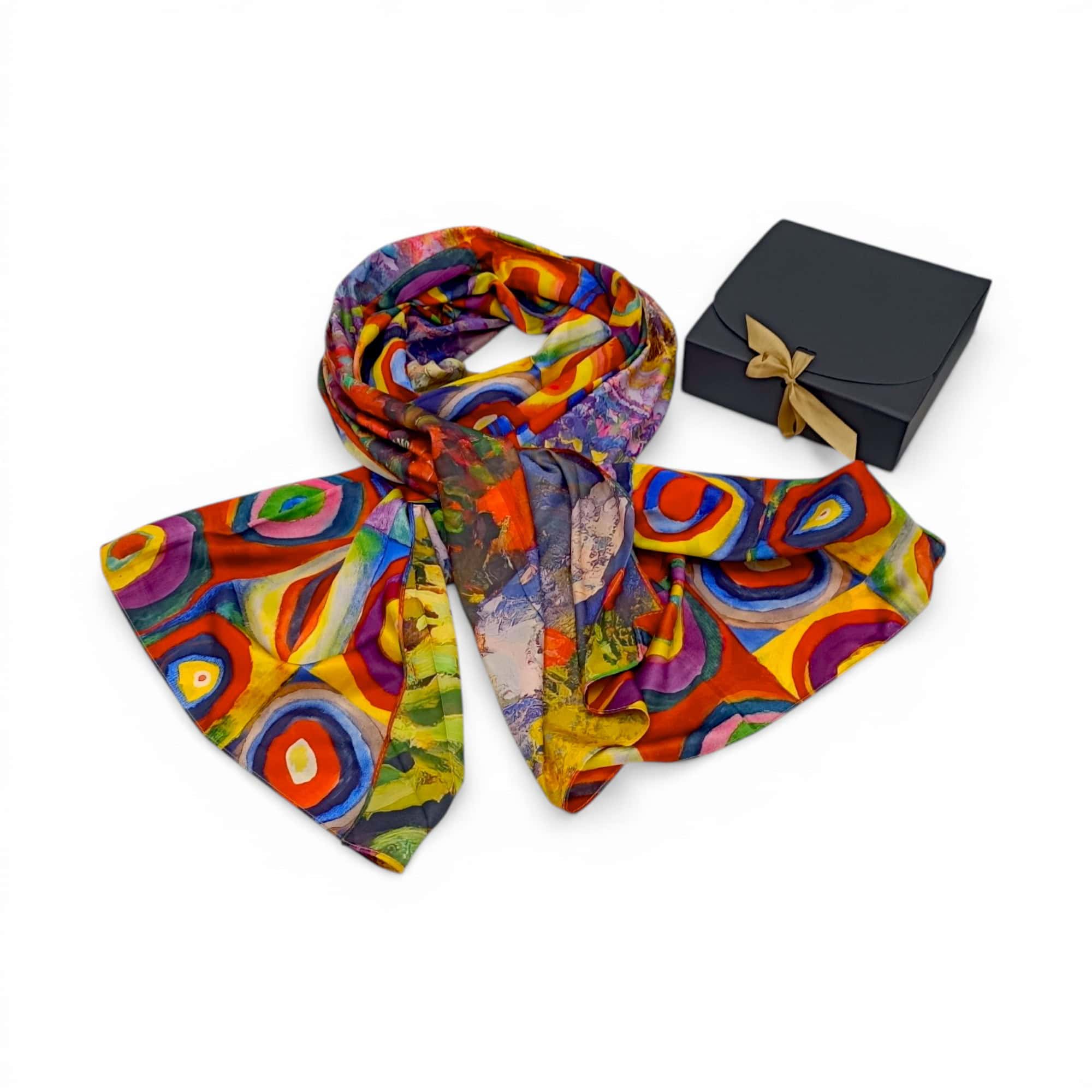 Eșarfă din Mătase 100% Chromatic Stories –Kandinsky Circles EMS20-2 – Reversibilă (2 Fețe), Design Abstract Multicolor, 180×70 cm, Cutie Cadou Premium