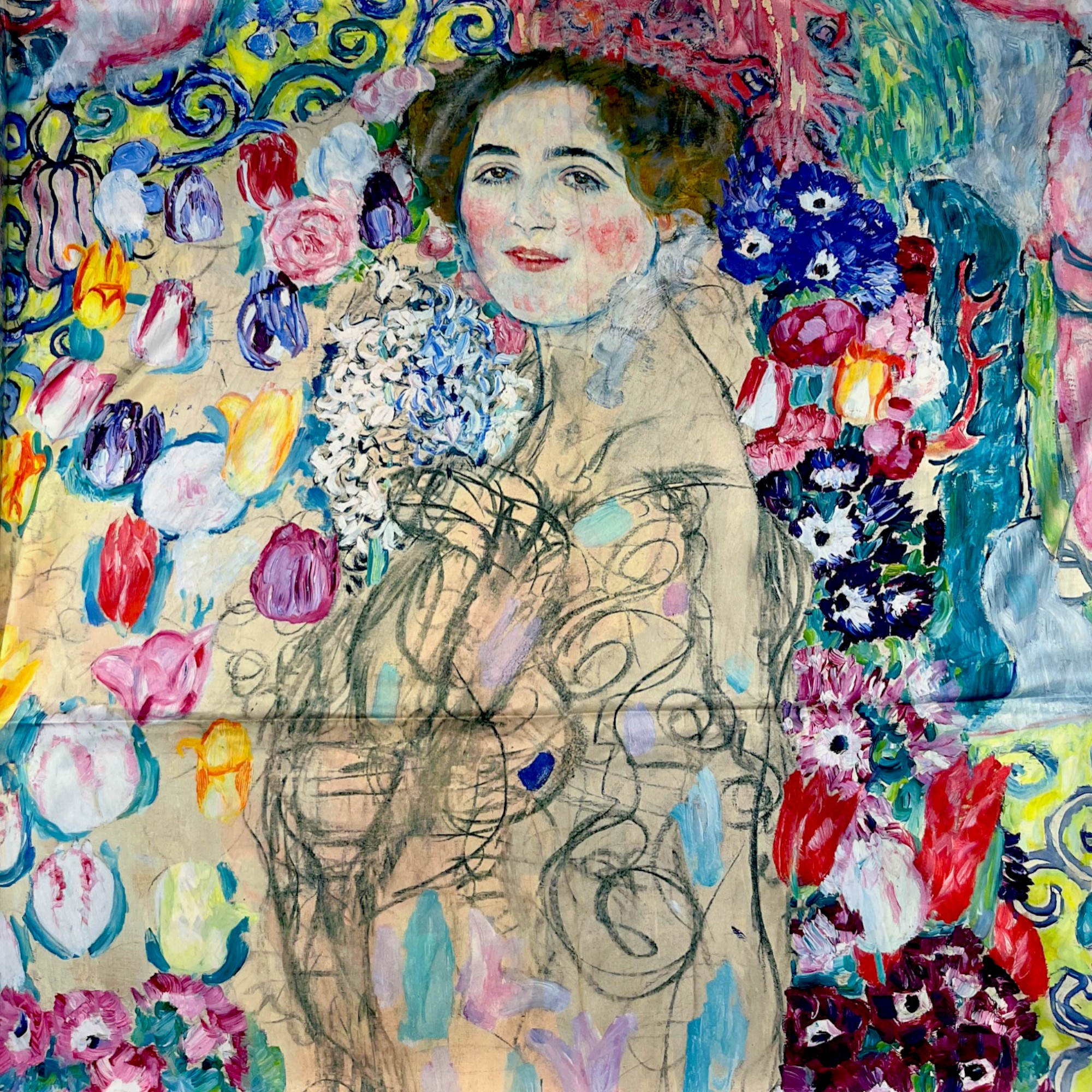 Eșarfă din Mătase 100% Chromatic Stories –Klimt Bloom EMS20-1 – Reversibilă (2 Fețe), Design Artistic Floral, 180×70 cm, Cutie Cadou Premium